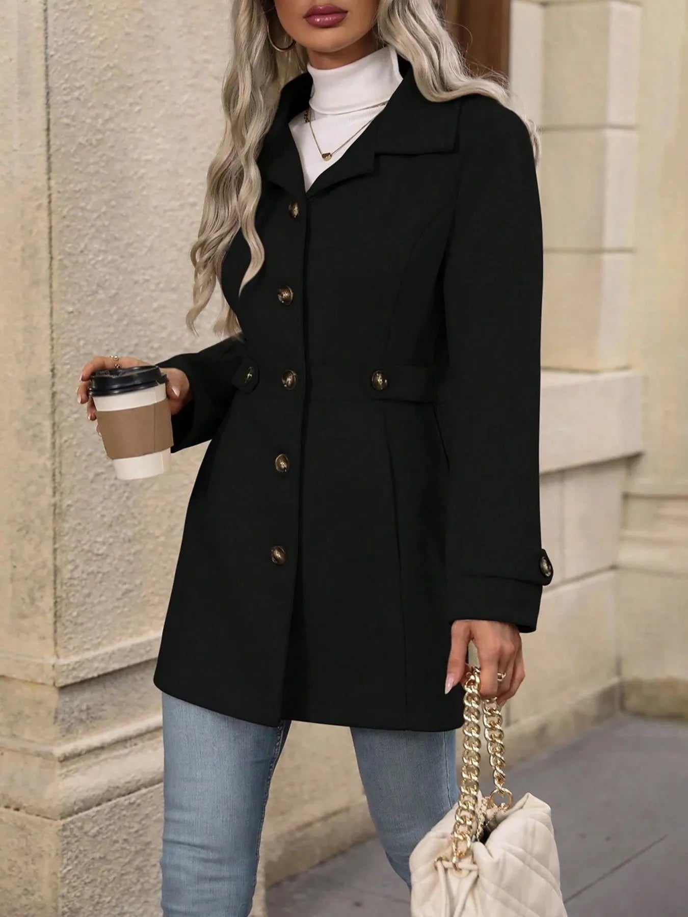 Fashorio Trench Coats Button Up Long Sleeve Coat
