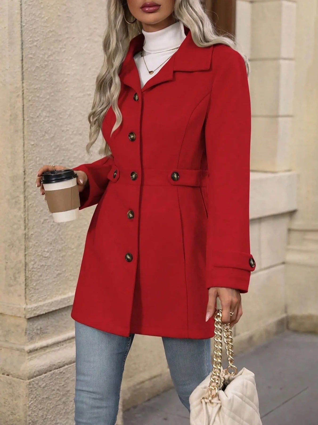 Fashorio Trench Coats Button Up Long Sleeve Coat