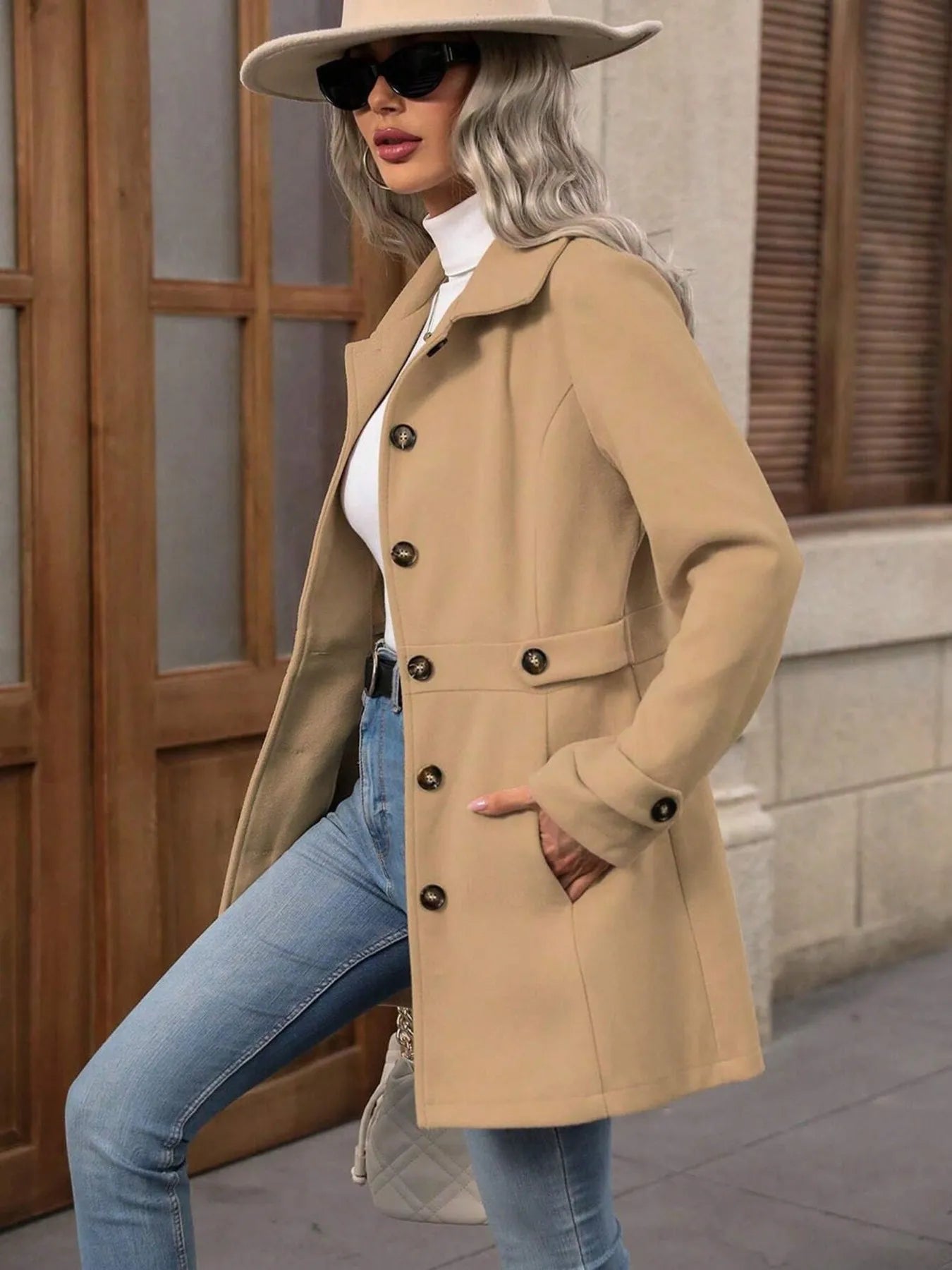 Fashorio Trench Coats Button Up Long Sleeve Coat