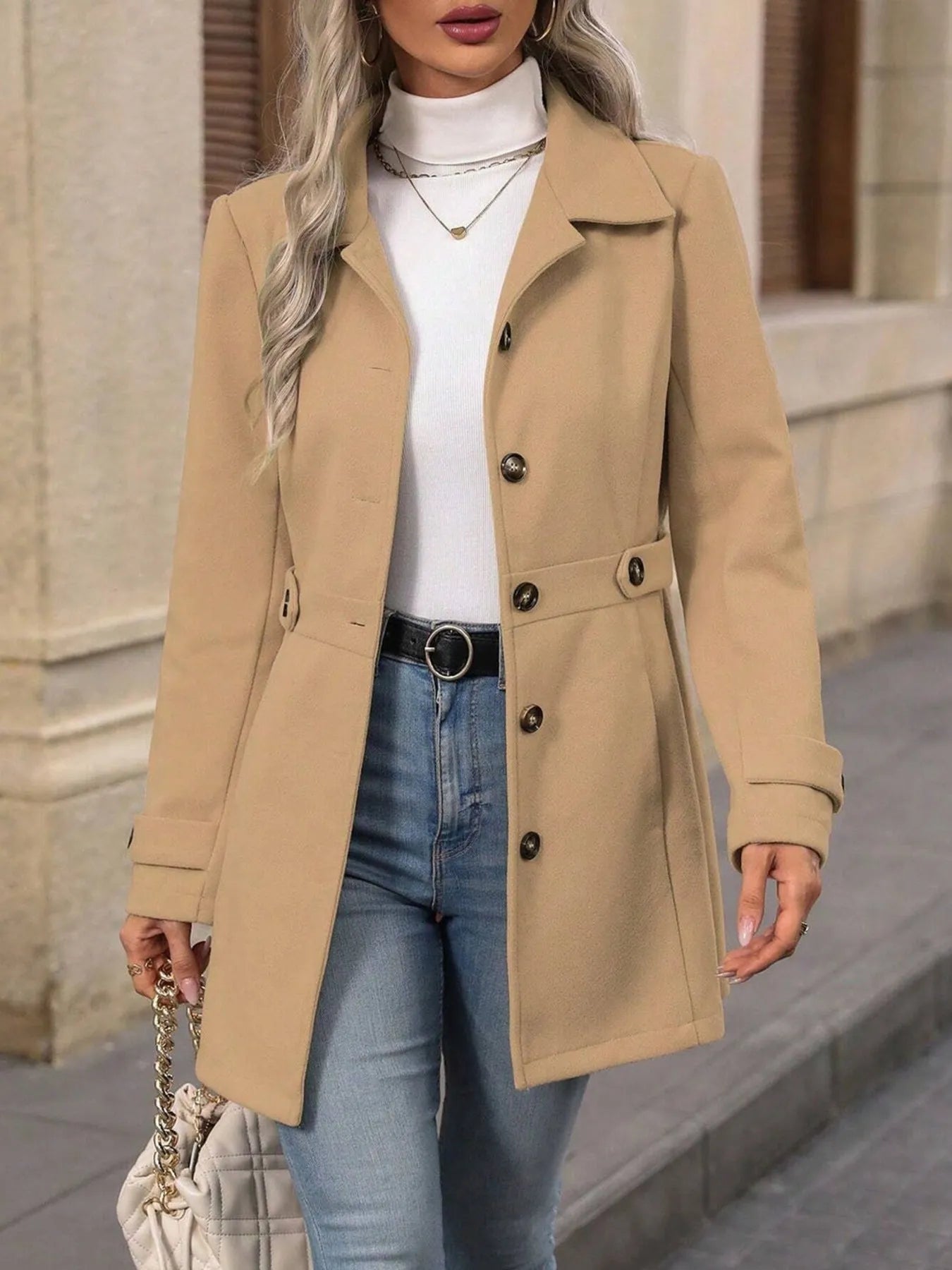 Fashorio Trench Coats Button Up Long Sleeve Coat