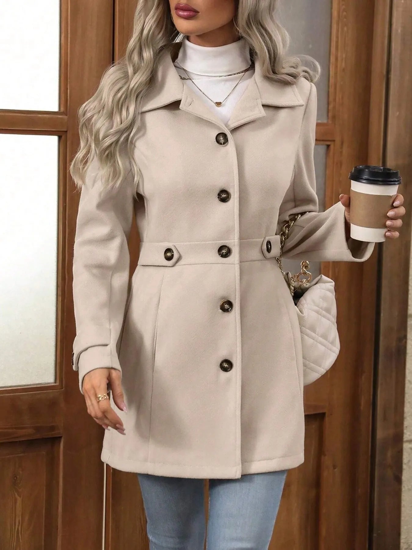 Fashorio Trench Coats Button Up Long Sleeve Coat