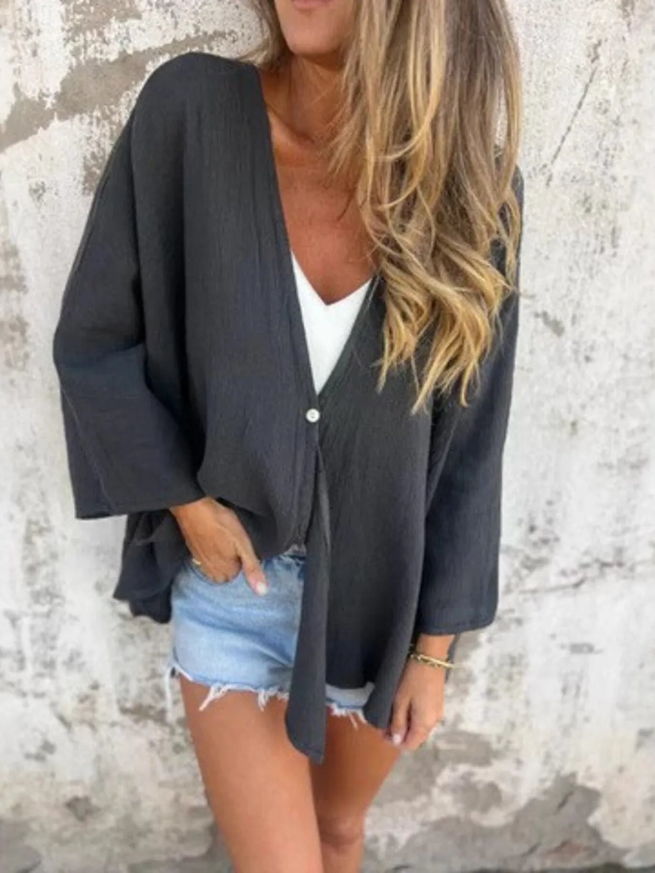 Fashorio Trench Coats Dark Gray / S Full Size Oversized Button-Up Cardigan Plus Size