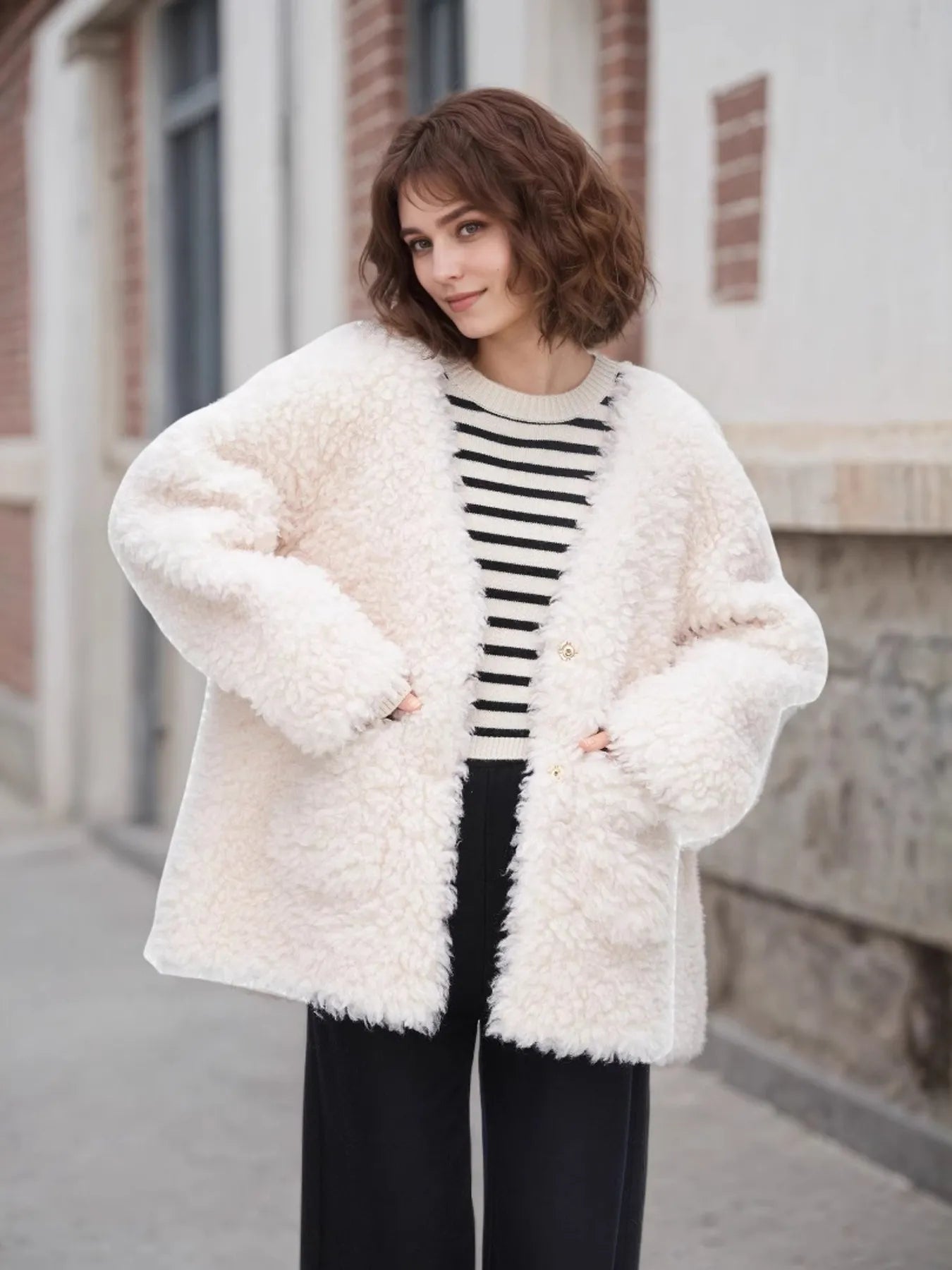 Fashorio Trench Coats Fleece Button Up Long Sleeve Outerwear