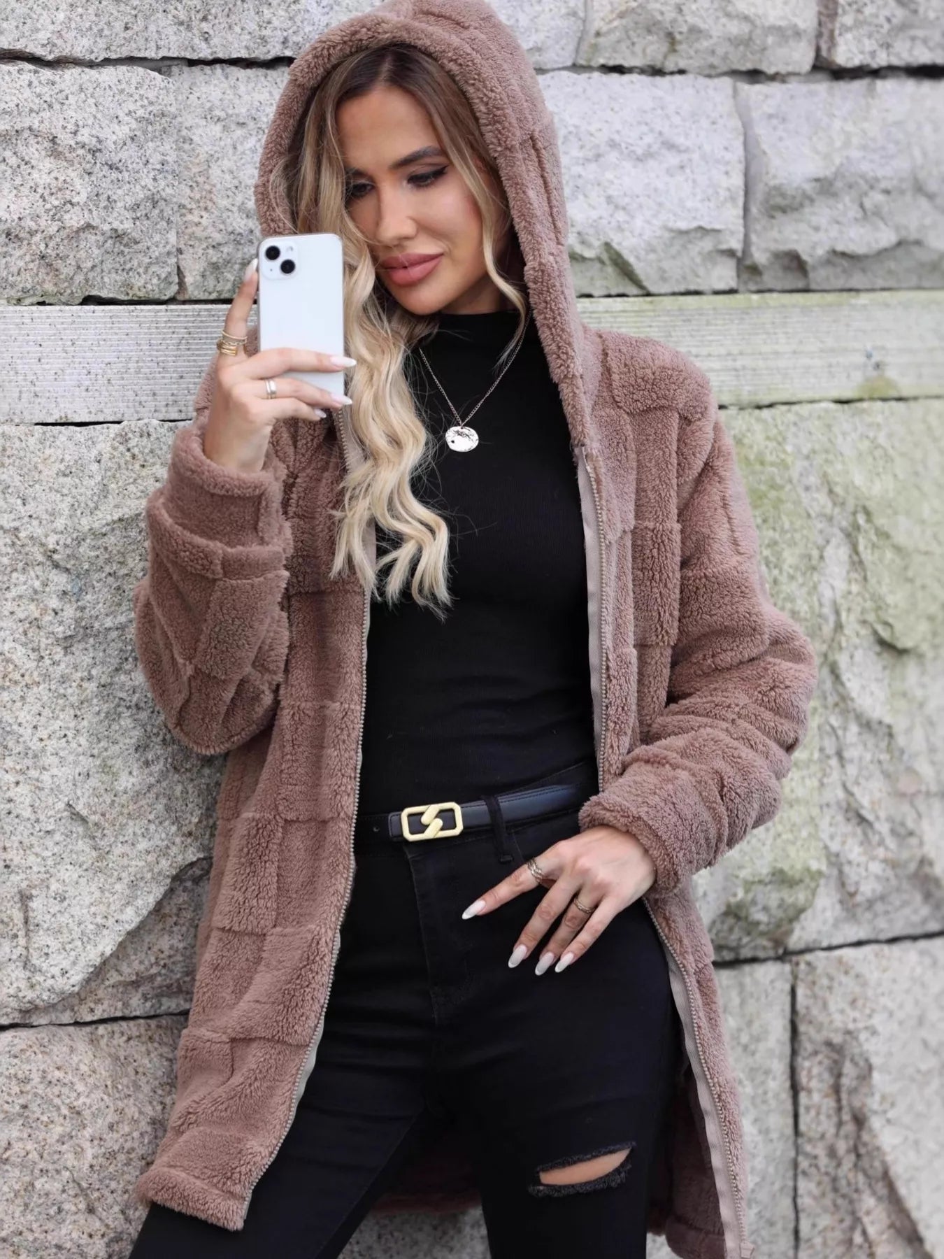 Fashorio Trench Coats Fleece Zip Up Hooded Outerwear