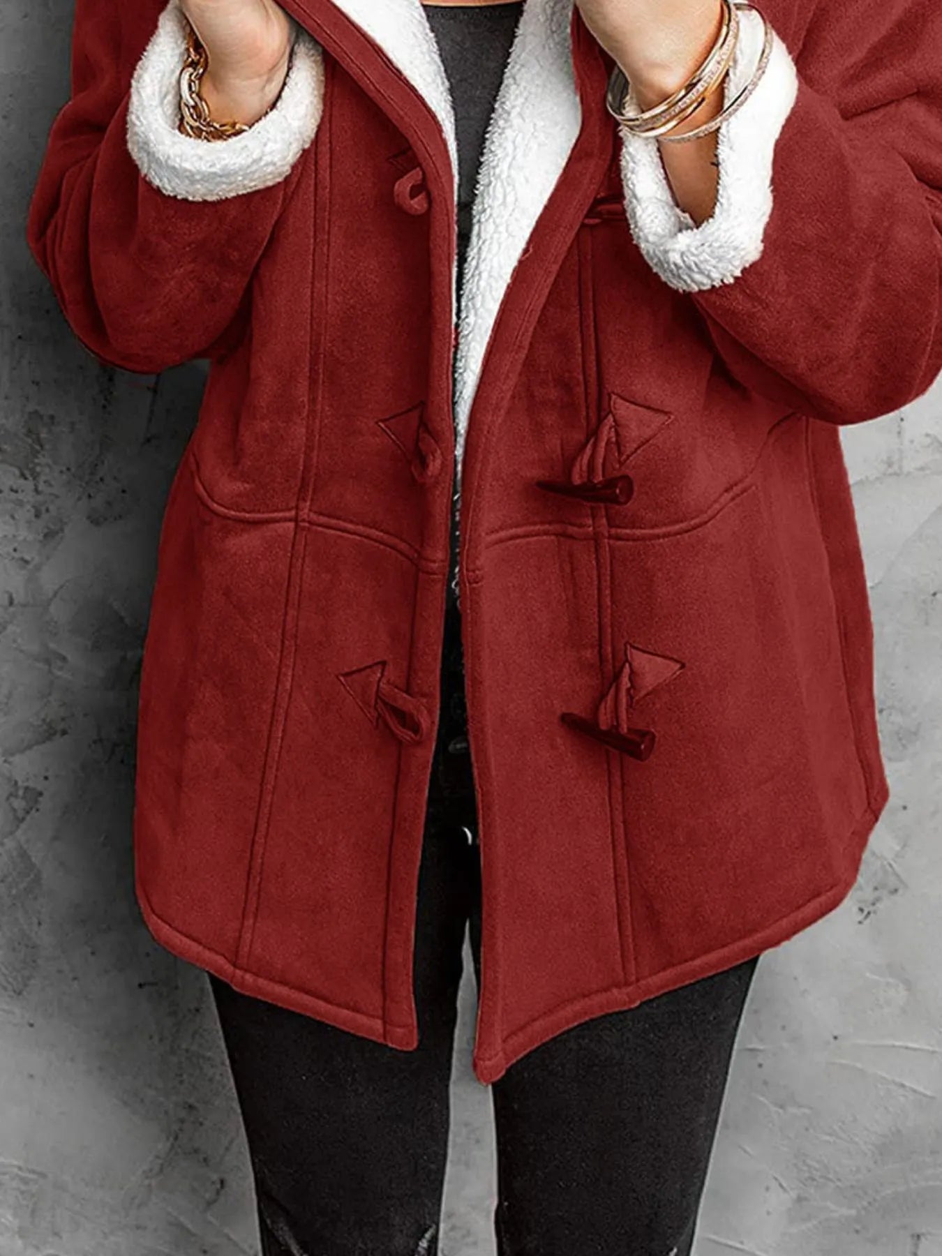 Fashorio Trench Coats Full Size Cozy Sherpa Lined Toggle Coat with Hood Plus Size