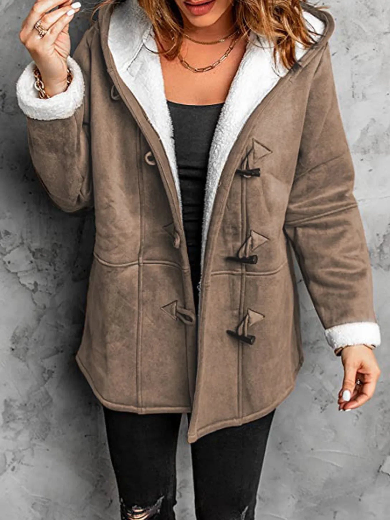 Fashorio Trench Coats Full Size Cozy Sherpa Lined Toggle Coat with Hood Plus Size