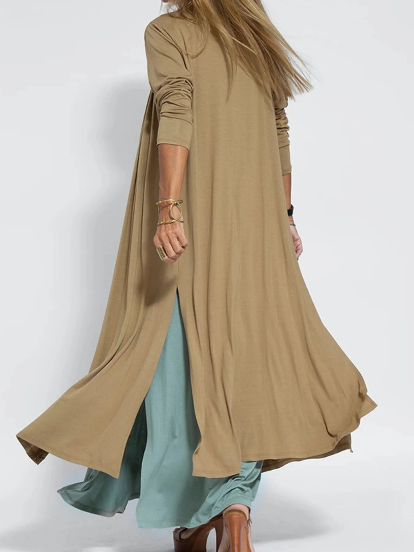 Fashorio Trench Coats Full Size Open Front Side Slit Longline Cardigan Plus Size