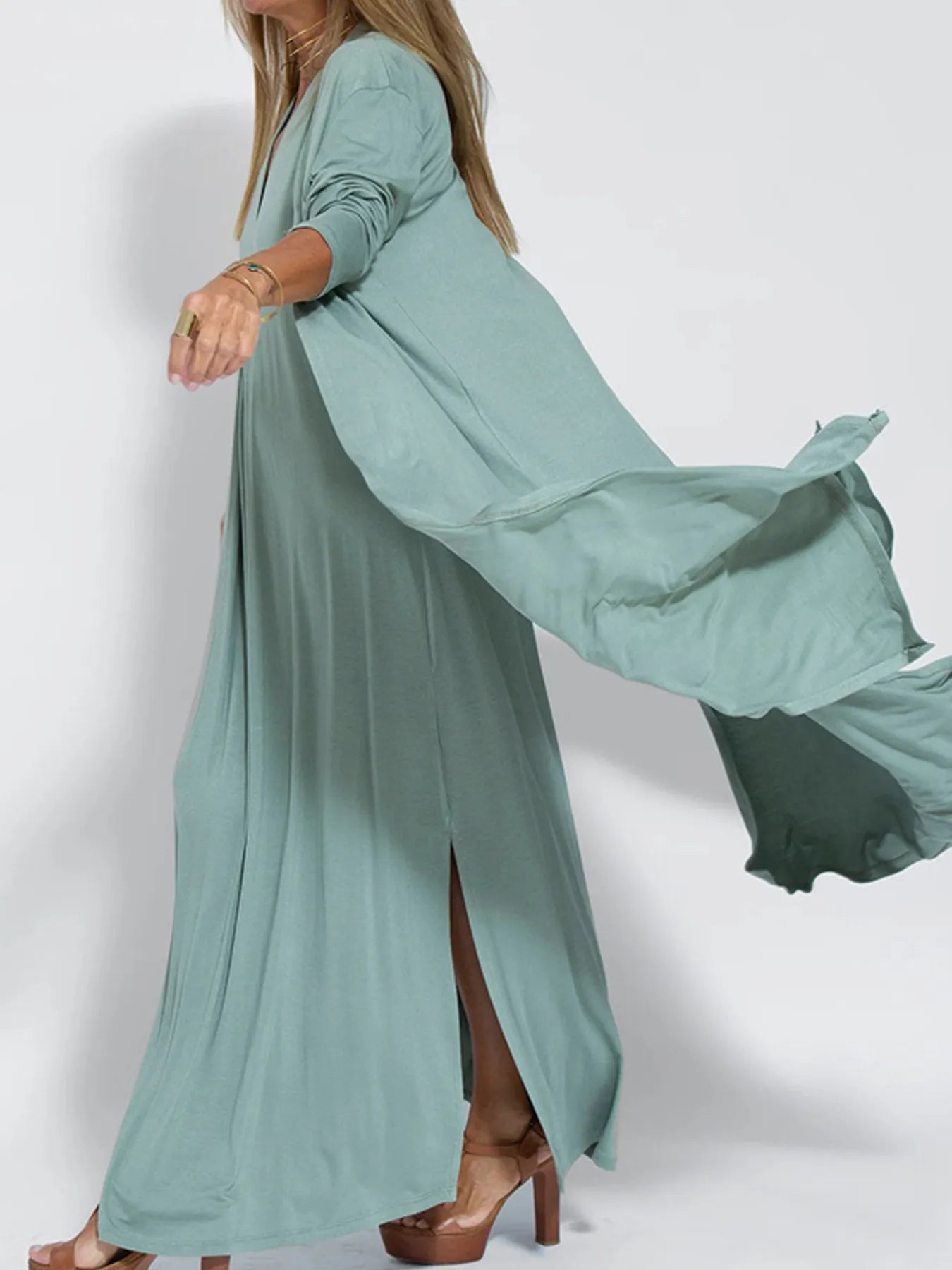 Fashorio Trench Coats Full Size Open Front Side Slit Longline Cardigan Plus Size