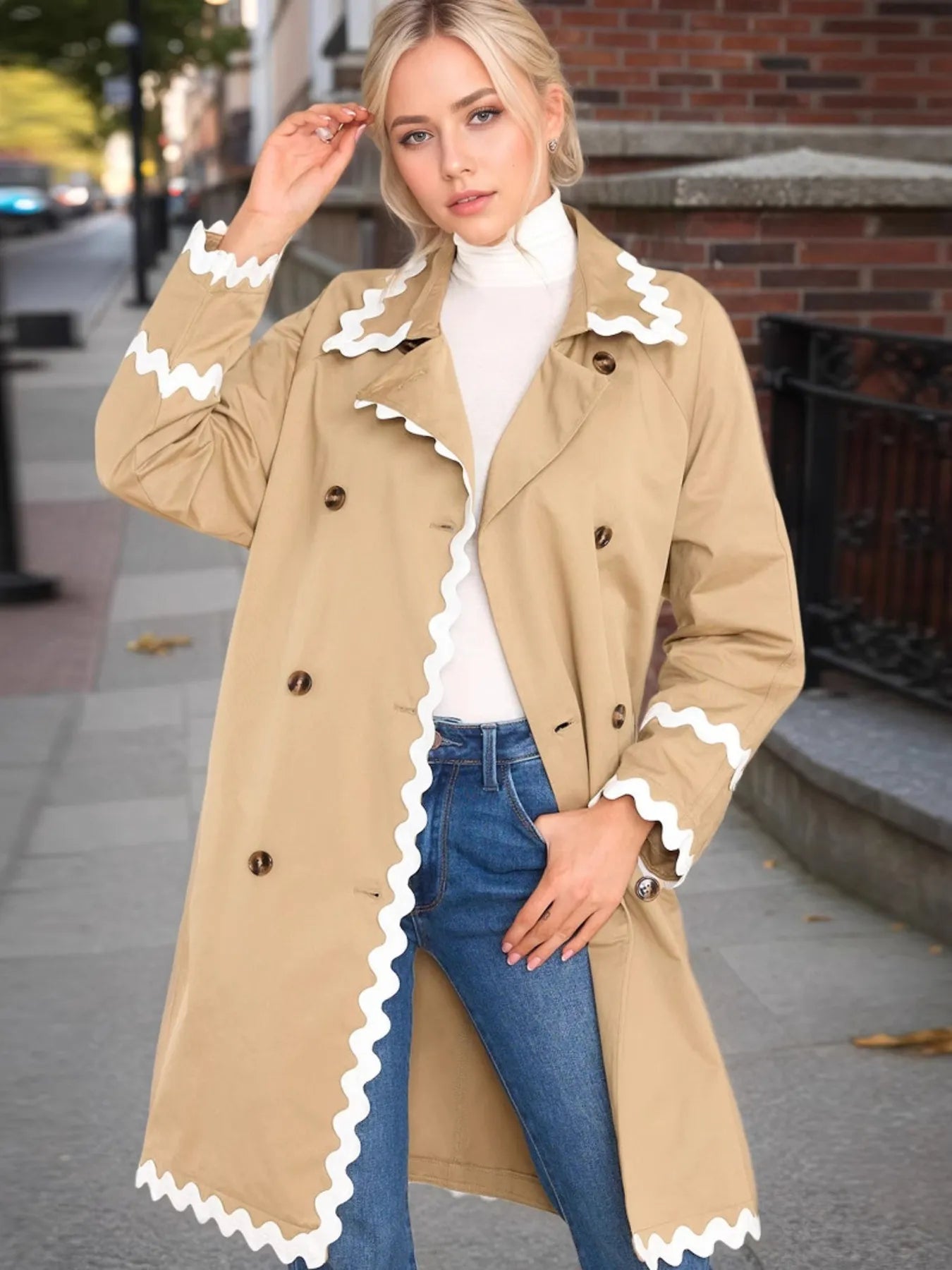 Fashorio Trench Coats Khaki / S Scalloped Trim Long Sleeve Trench Coat