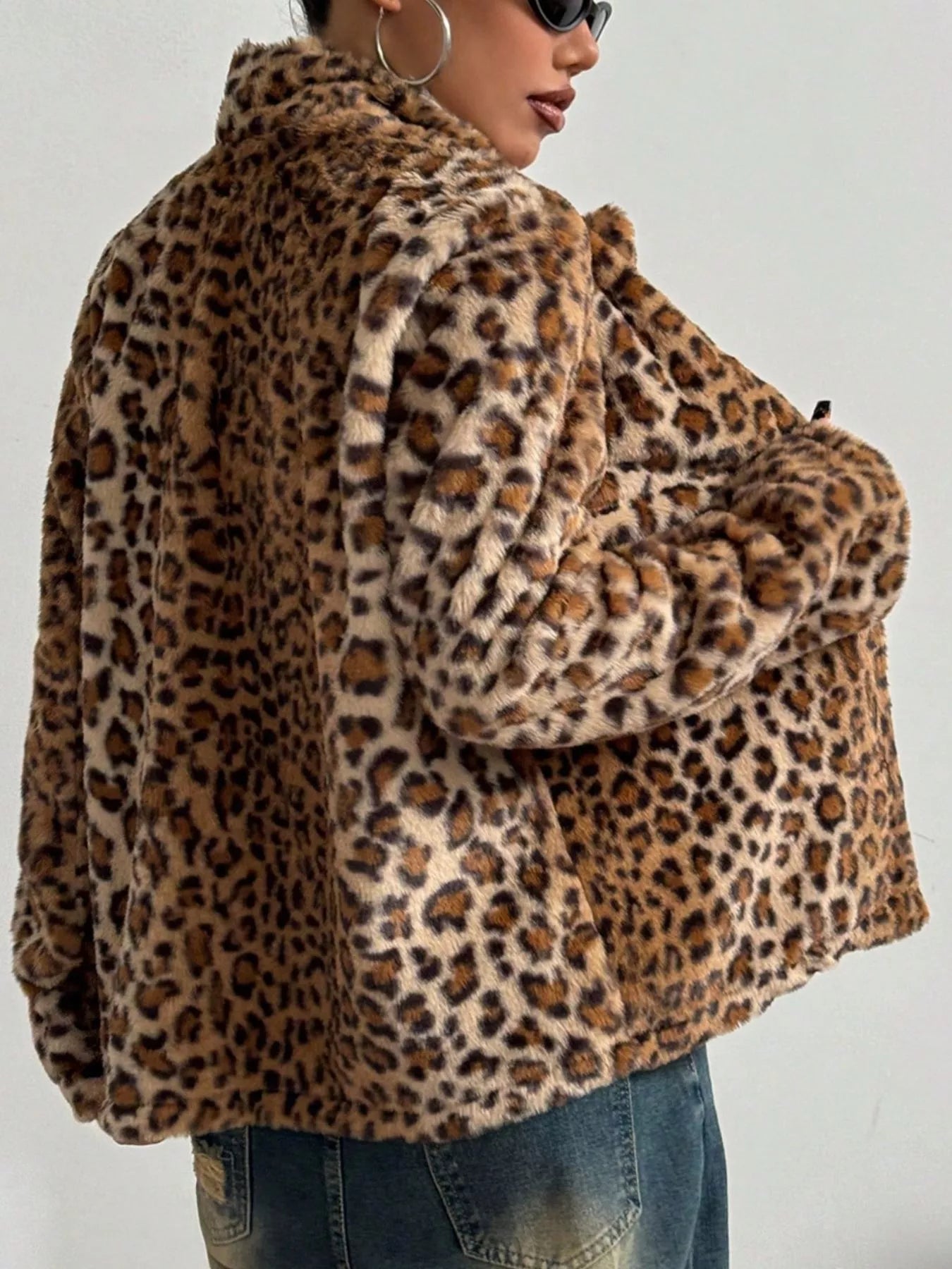 Fashorio Trench Coats Leopard Button Up Faux Fur Outerwear