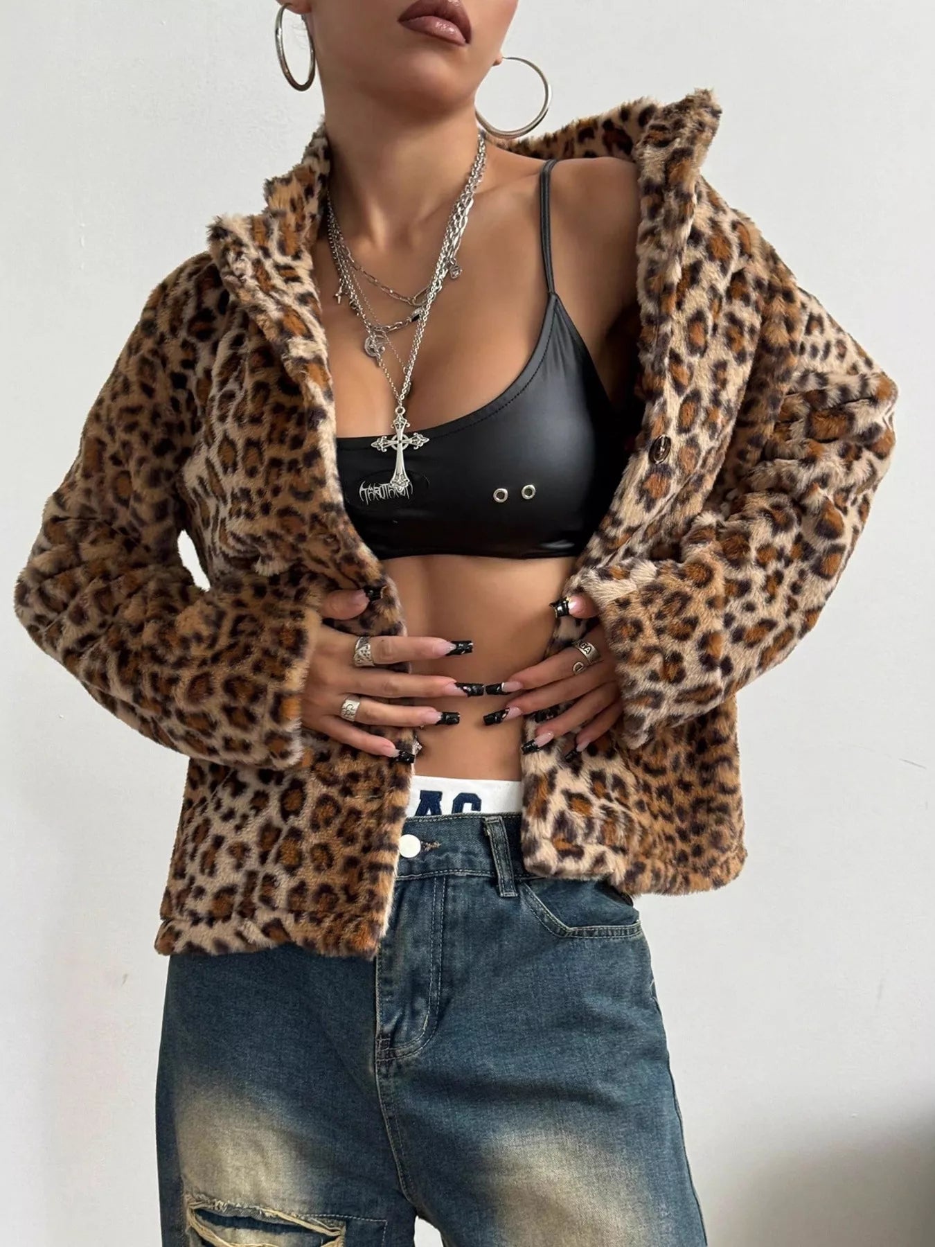 Fashorio Trench Coats Leopard Button Up Faux Fur Outerwear