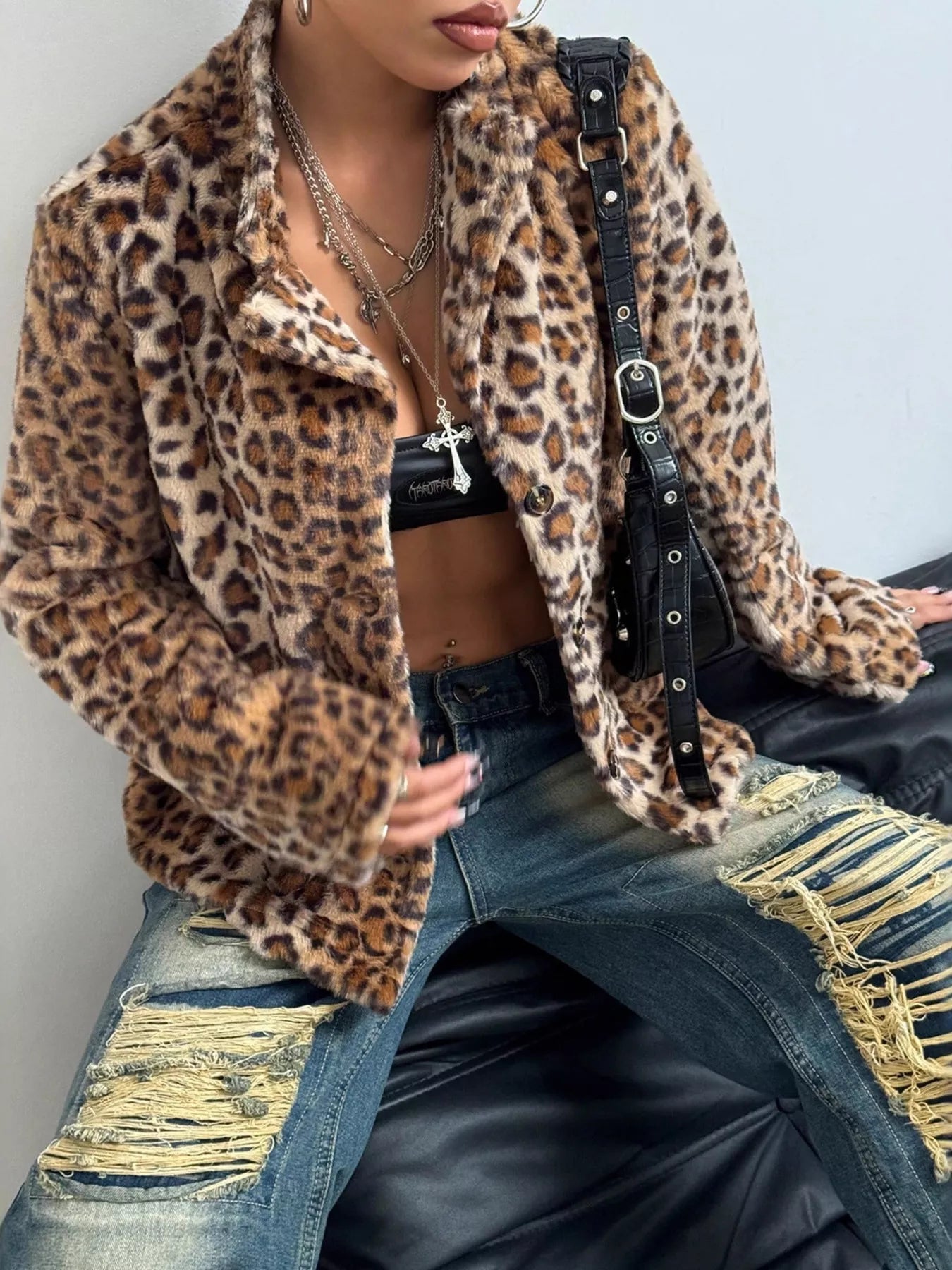 Fashorio Trench Coats Leopard Button Up Faux Fur Outerwear