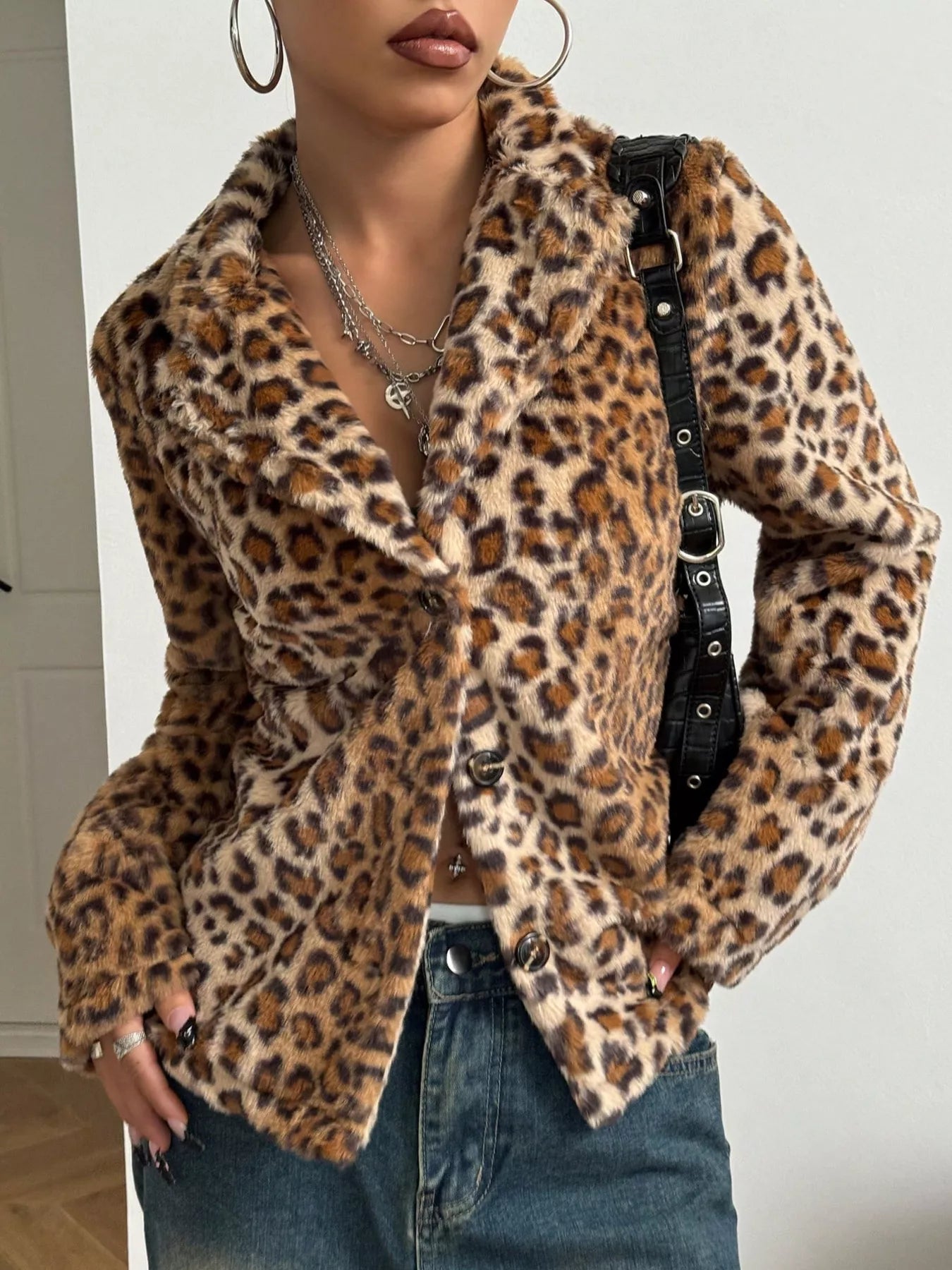 Fashorio Trench Coats Leopard Button Up Faux Fur Outerwear