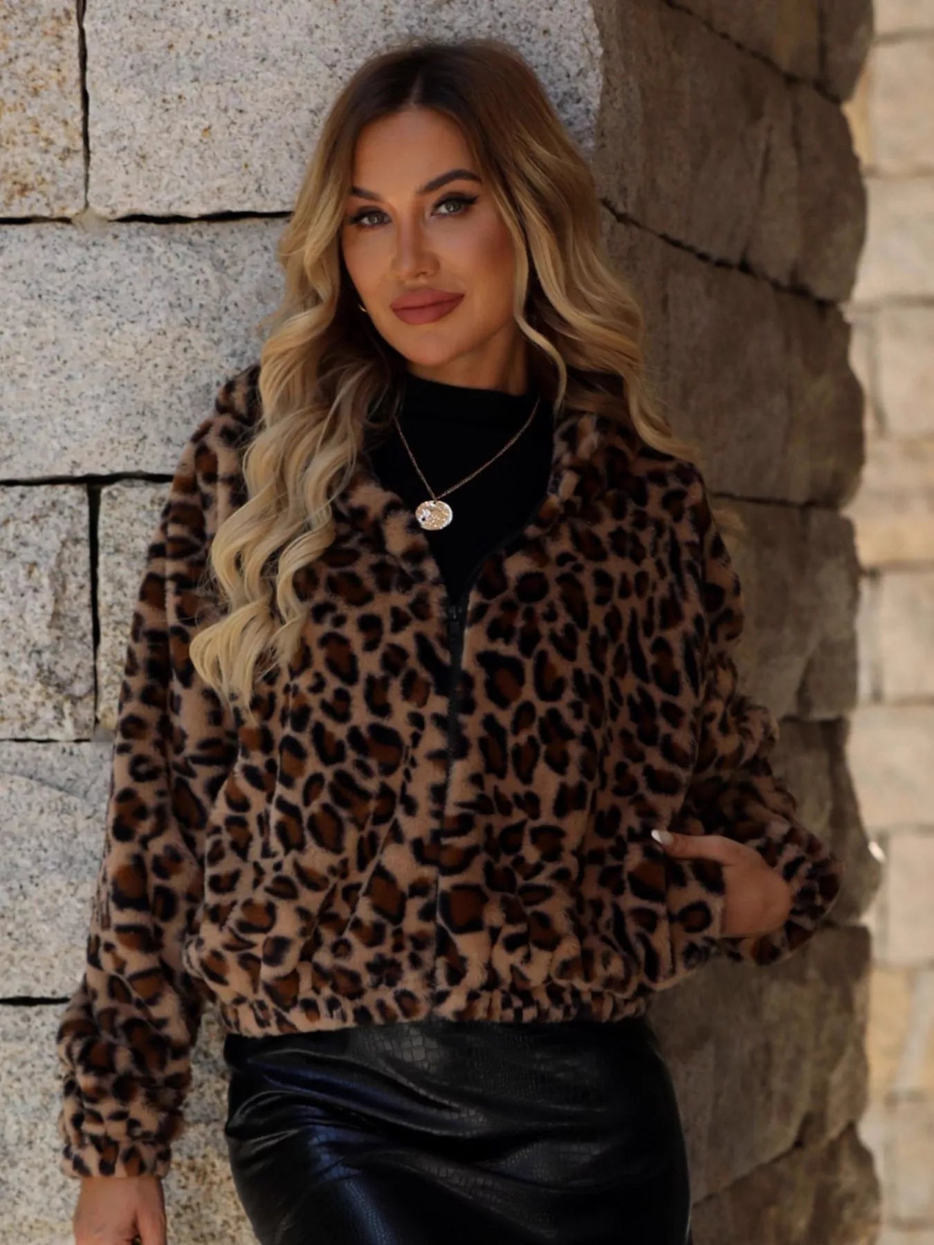 Fashorio Trench Coats Leopard Zip Up Hooded Outerwear