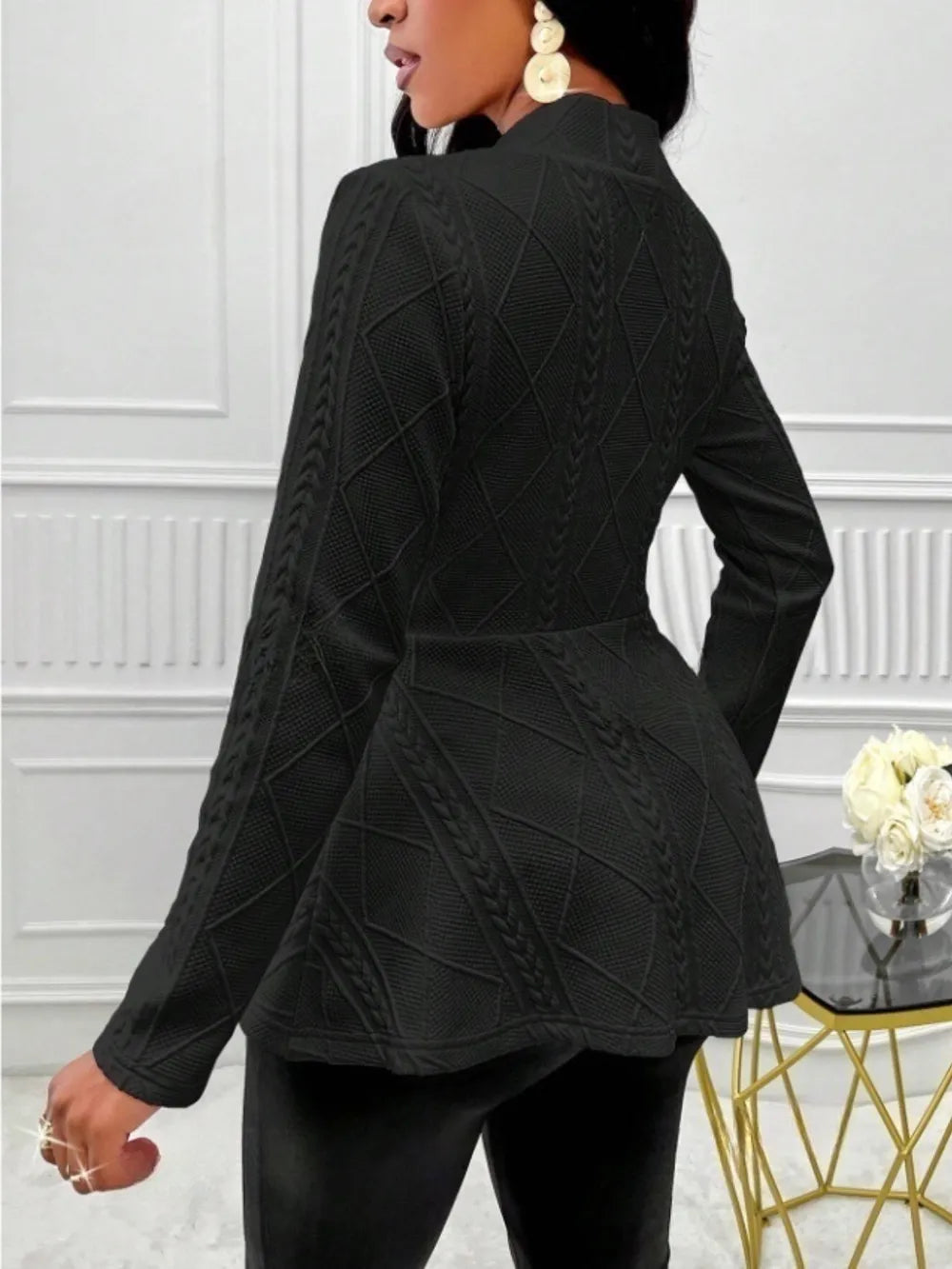 Fashorio Trench Coats One Button Textured Peplum Cardigan