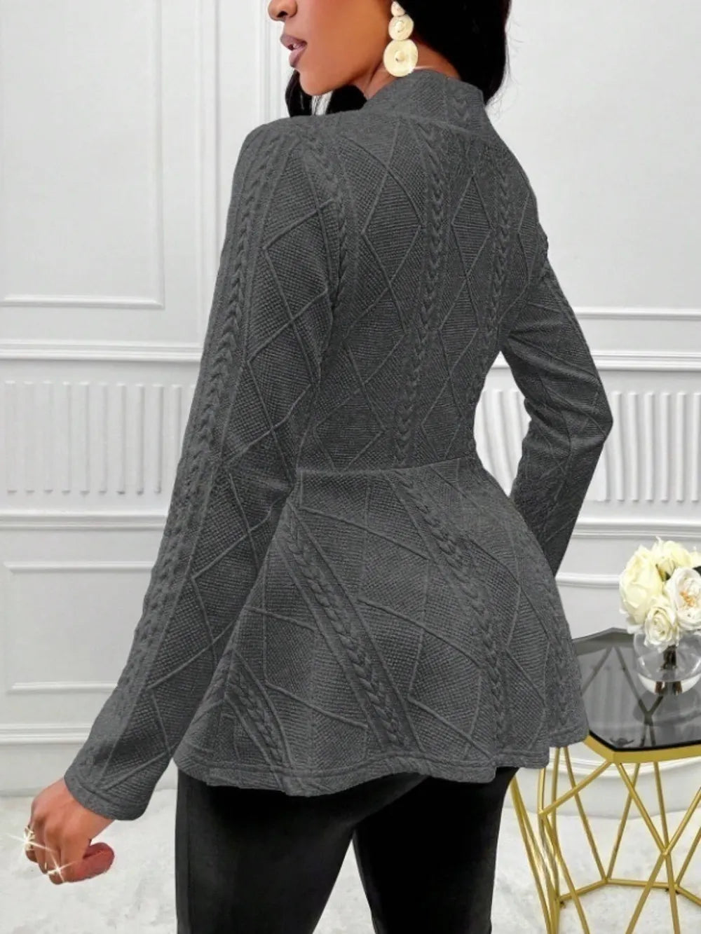 Fashorio Trench Coats One Button Textured Peplum Cardigan