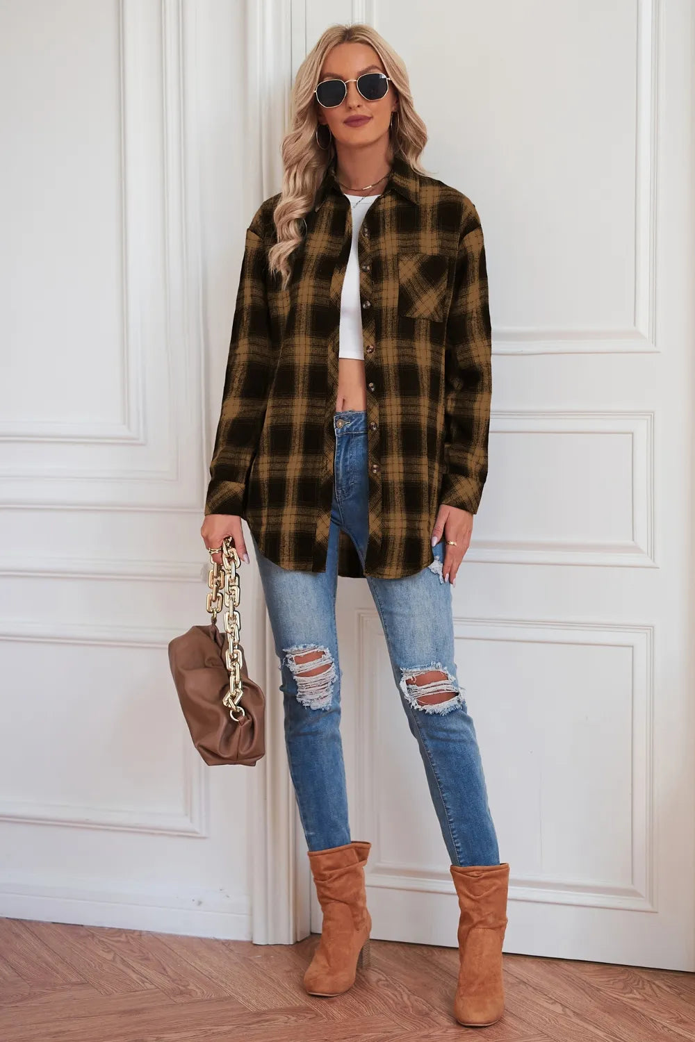 Fashorio Trench Coats Plaid Button Up Dropped Shoulder Outerwear