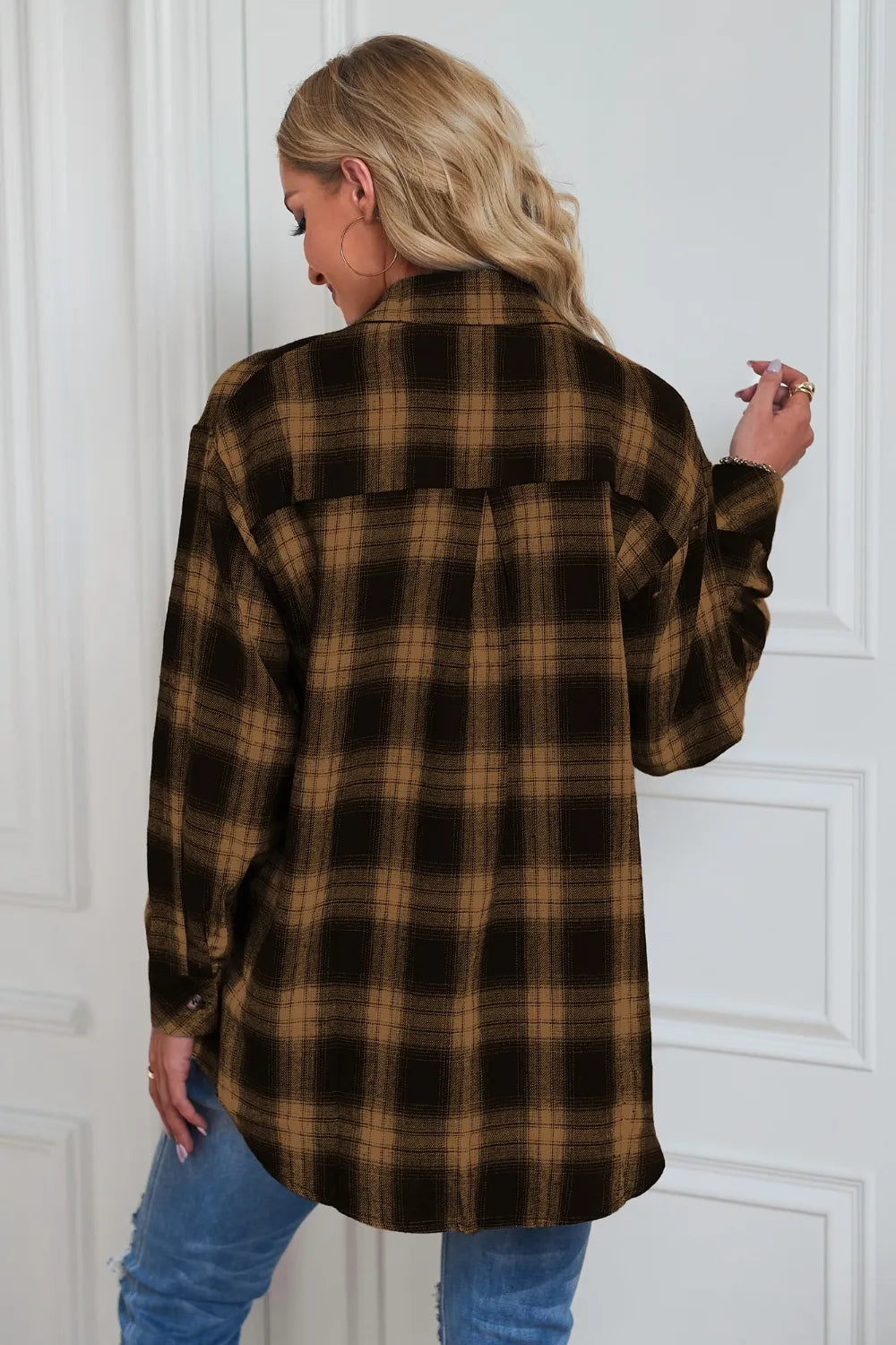 Fashorio Trench Coats Plaid Button Up Dropped Shoulder Outerwear