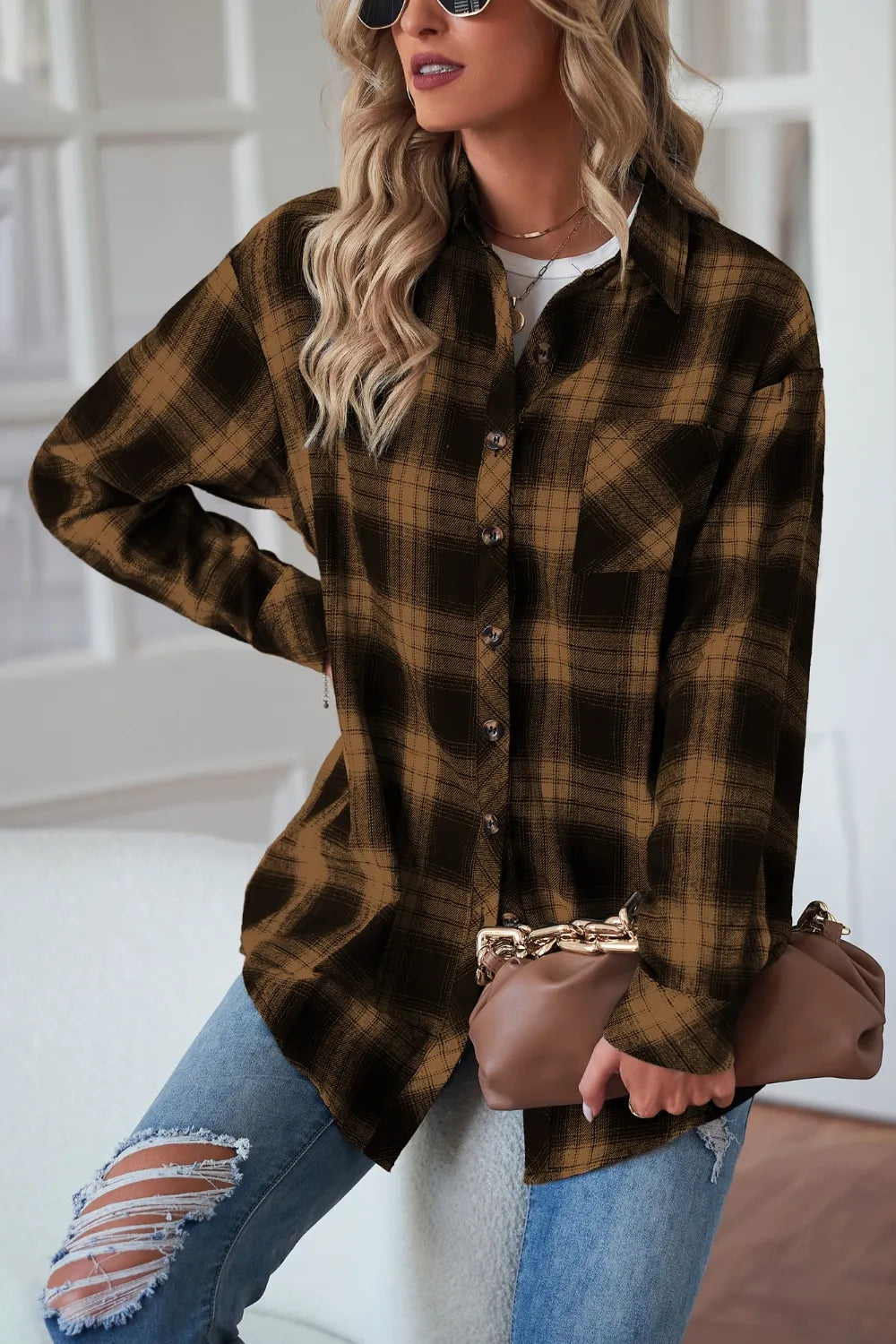 Fashorio Trench Coats Plaid Button Up Dropped Shoulder Outerwear