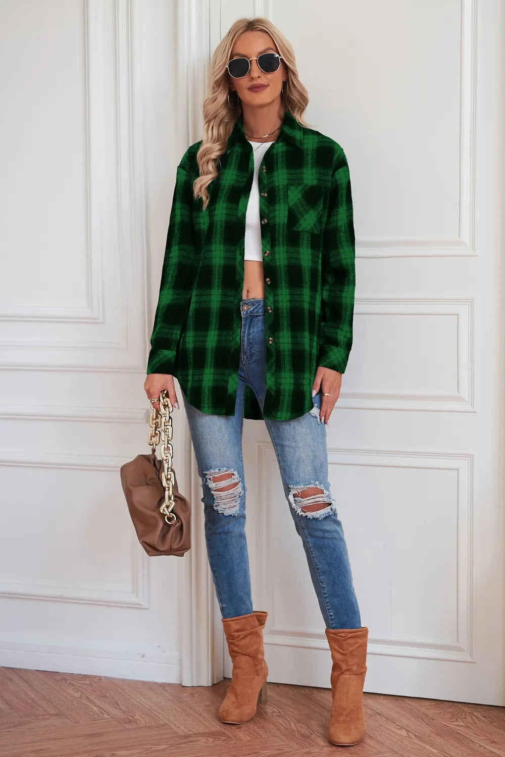 Fashorio Trench Coats Plaid Button Up Dropped Shoulder Outerwear