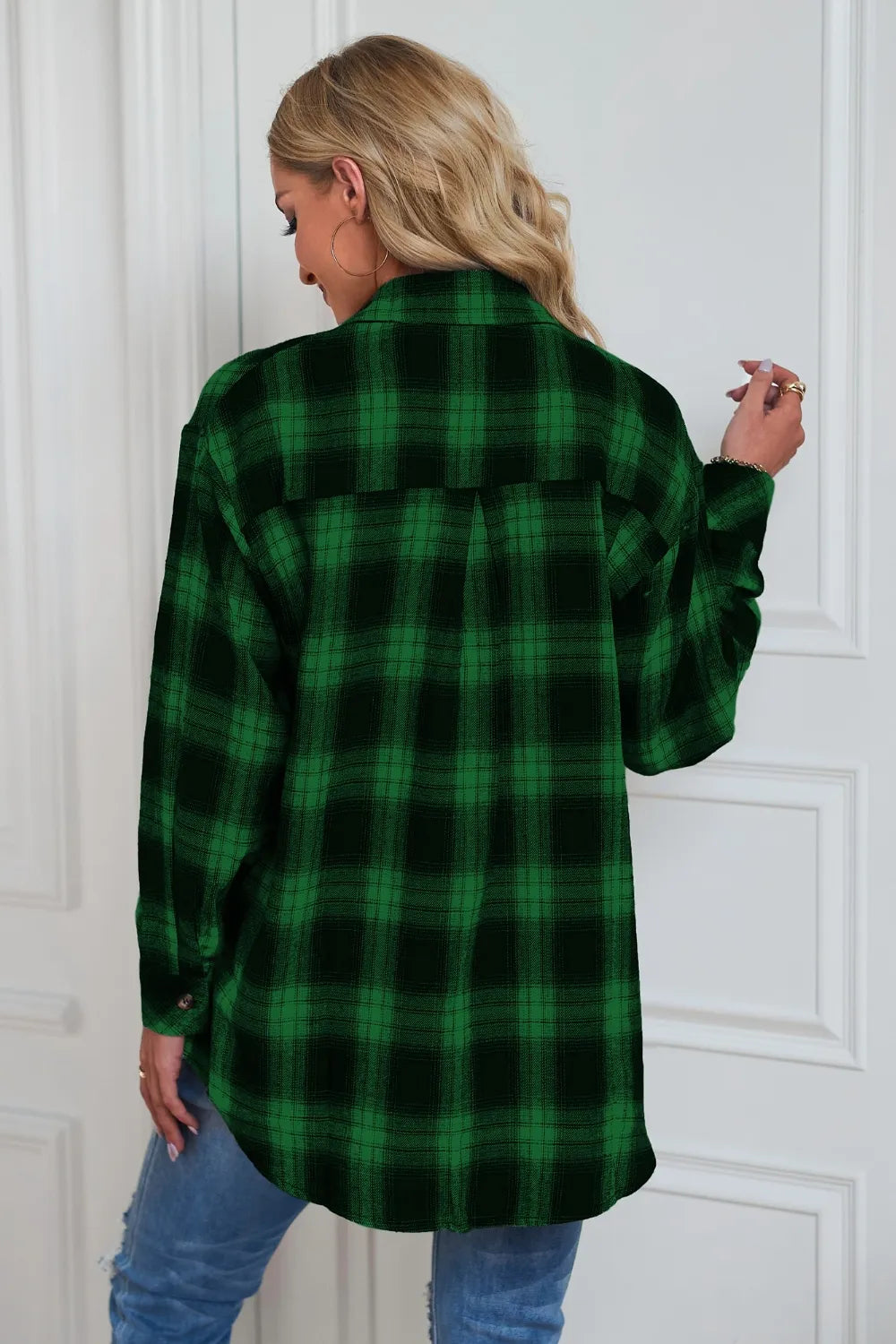 Fashorio Trench Coats Plaid Button Up Dropped Shoulder Outerwear