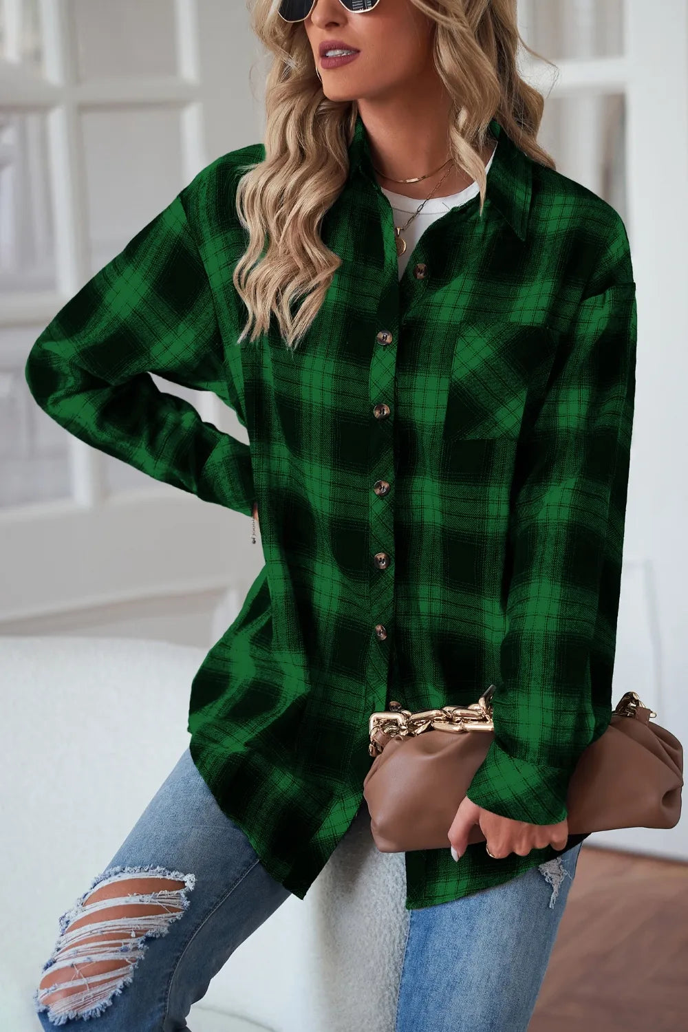 Fashorio Trench Coats Plaid Button Up Dropped Shoulder Outerwear