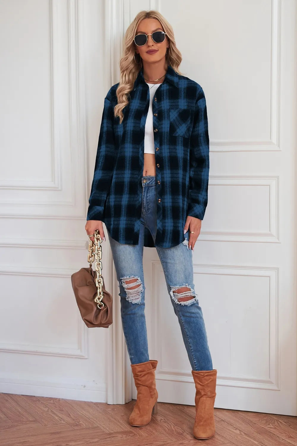 Fashorio Trench Coats Plaid Button Up Dropped Shoulder Outerwear