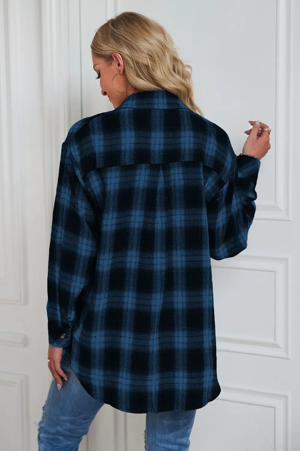 Fashorio Trench Coats Plaid Button Up Dropped Shoulder Outerwear
