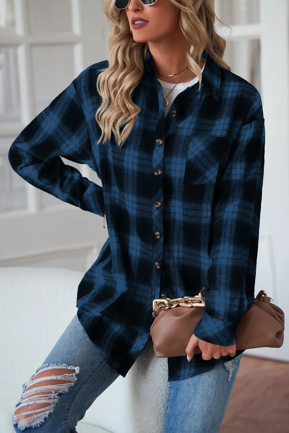 Fashorio Trench Coats Plaid Button Up Dropped Shoulder Outerwear
