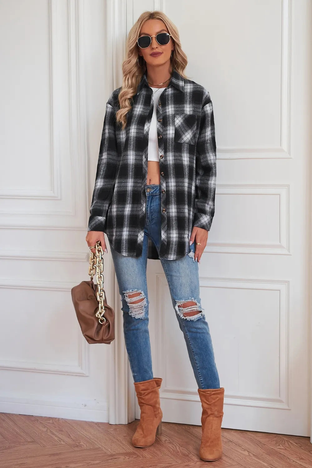 Fashorio Trench Coats Plaid Button Up Dropped Shoulder Outerwear