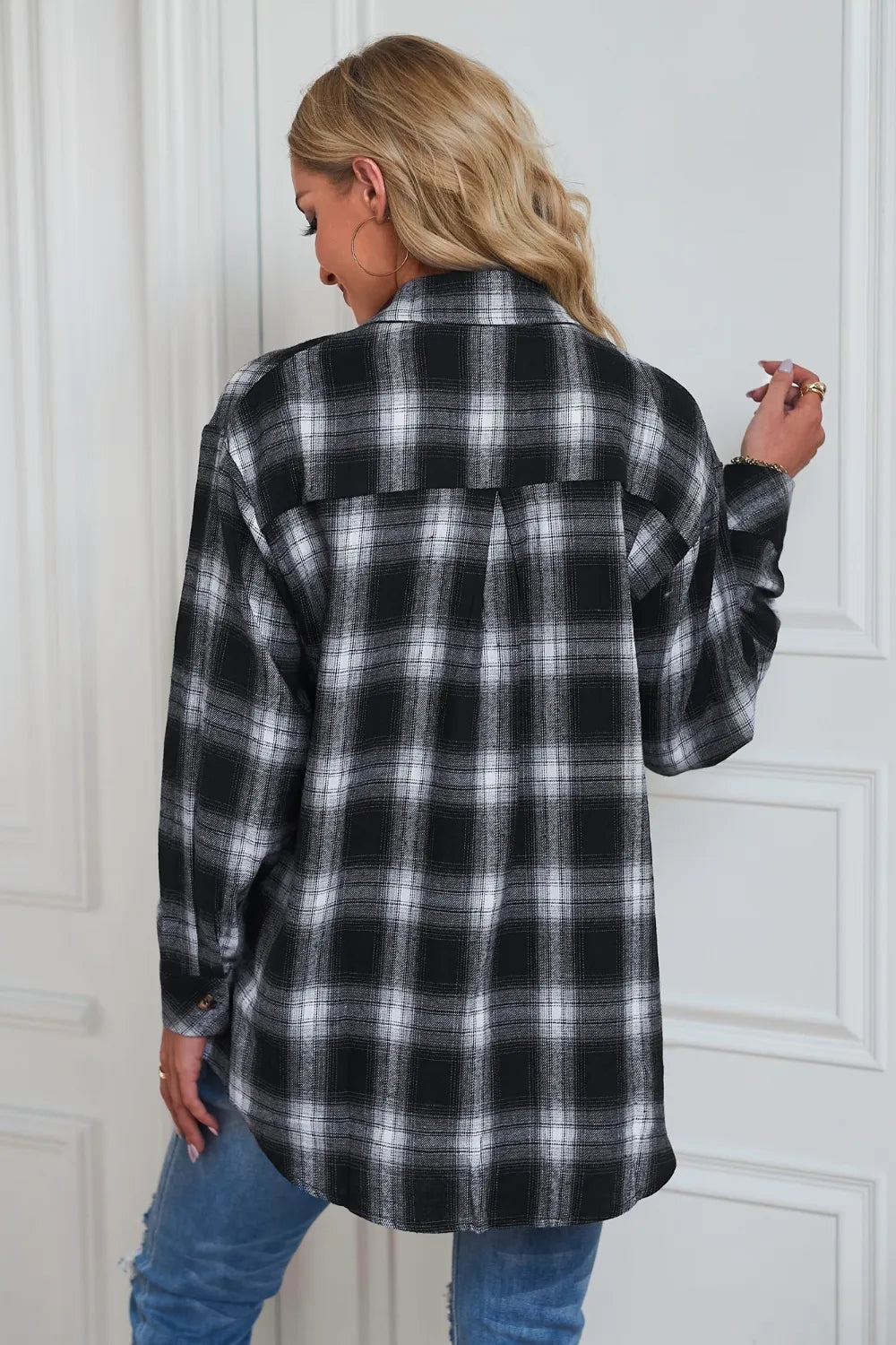 Fashorio Trench Coats Plaid Button Up Dropped Shoulder Outerwear