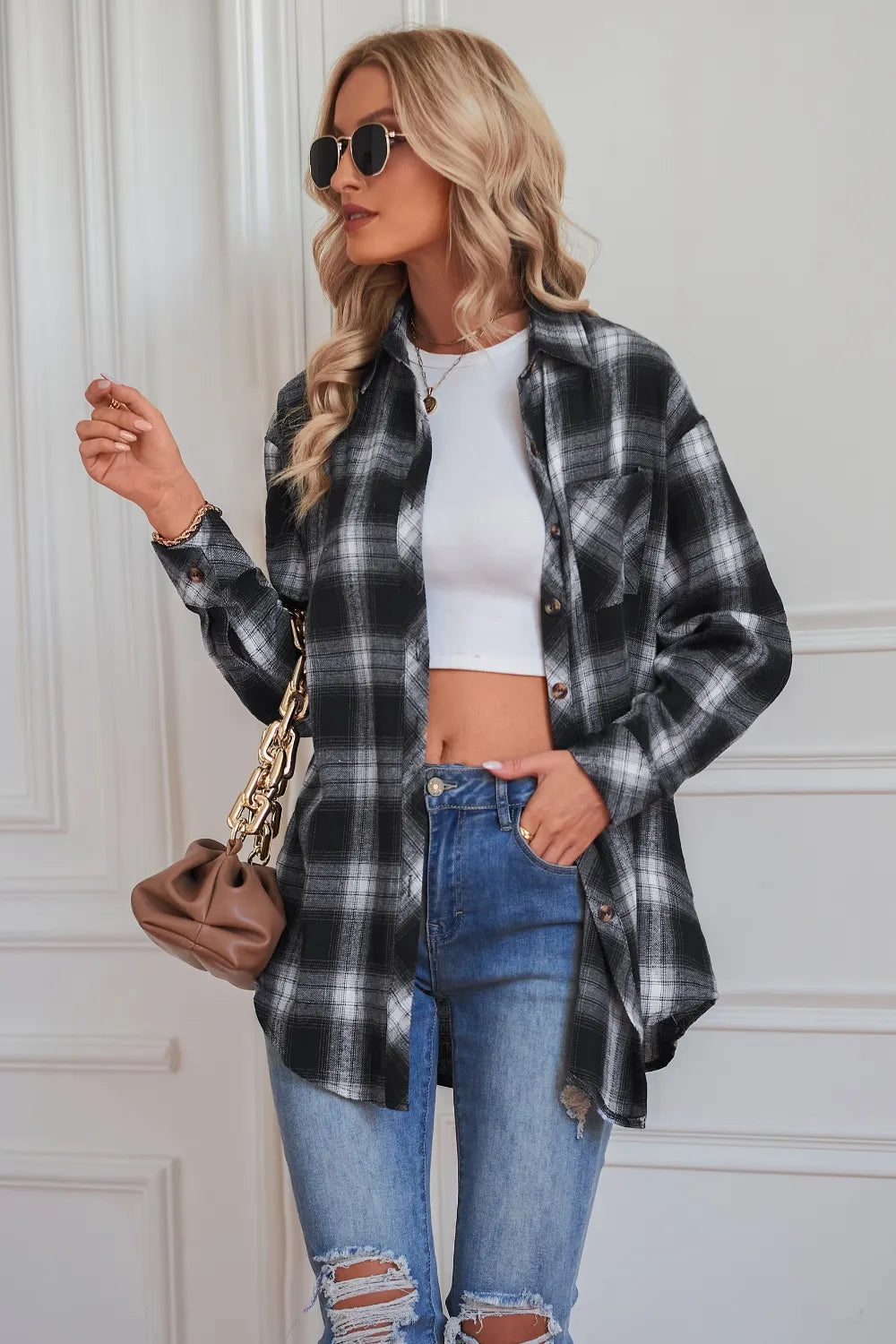 Fashorio Trench Coats Plaid Button Up Dropped Shoulder Outerwear