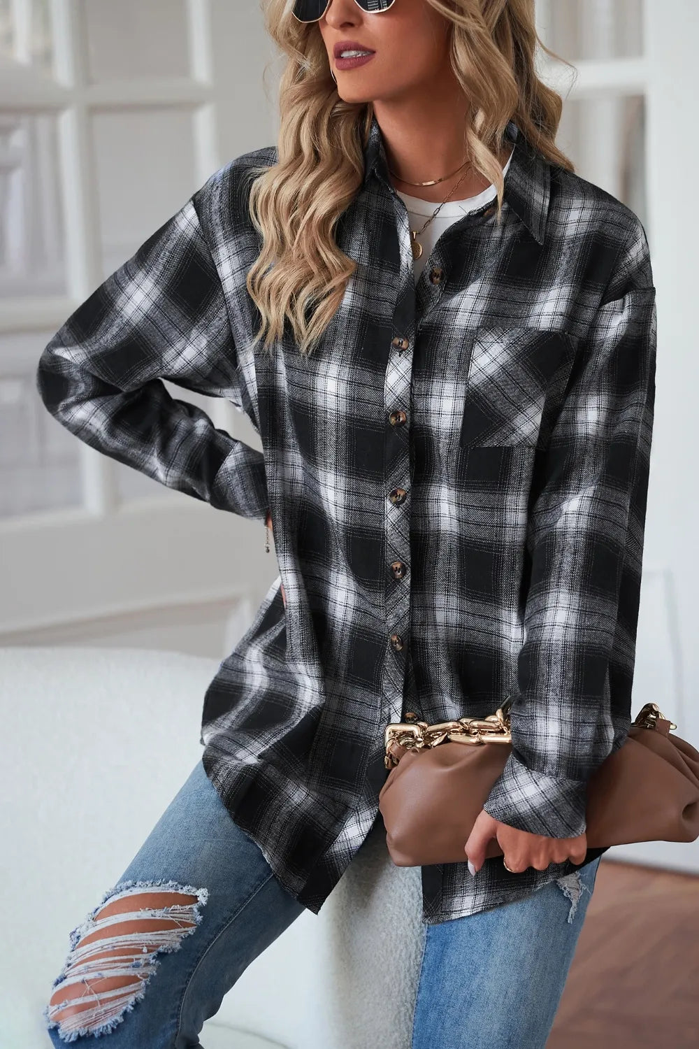 Fashorio Trench Coats Plaid Button Up Dropped Shoulder Outerwear