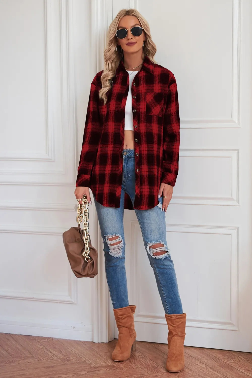 Fashorio Trench Coats Plaid Button Up Dropped Shoulder Outerwear