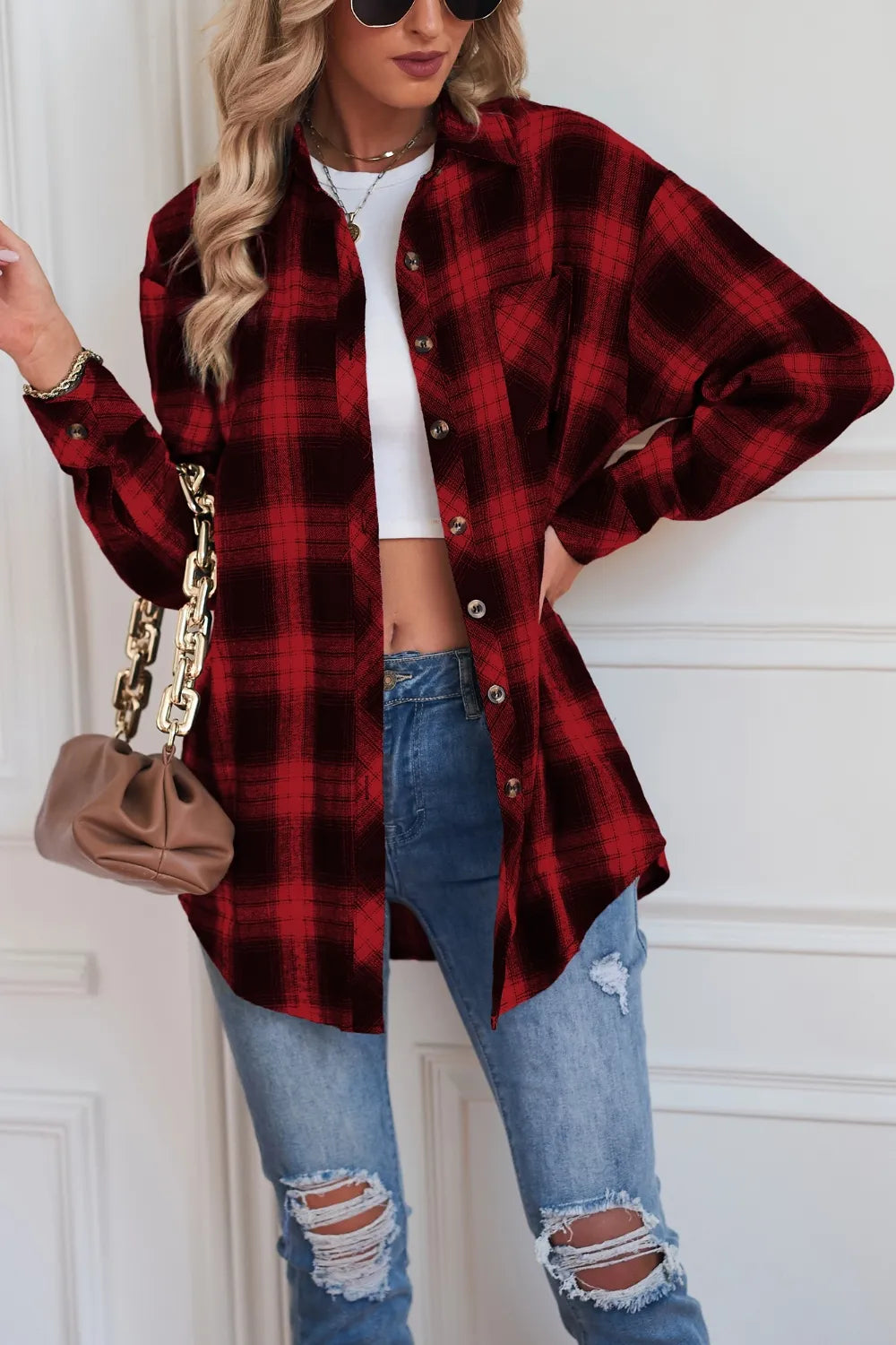 Fashorio Trench Coats Plaid Button Up Dropped Shoulder Outerwear