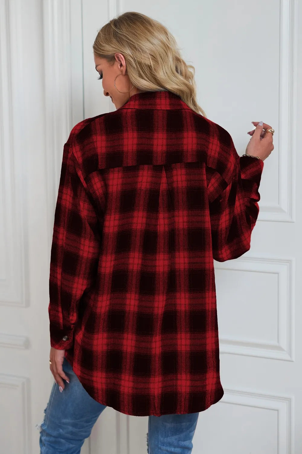 Fashorio Trench Coats Plaid Button Up Dropped Shoulder Outerwear
