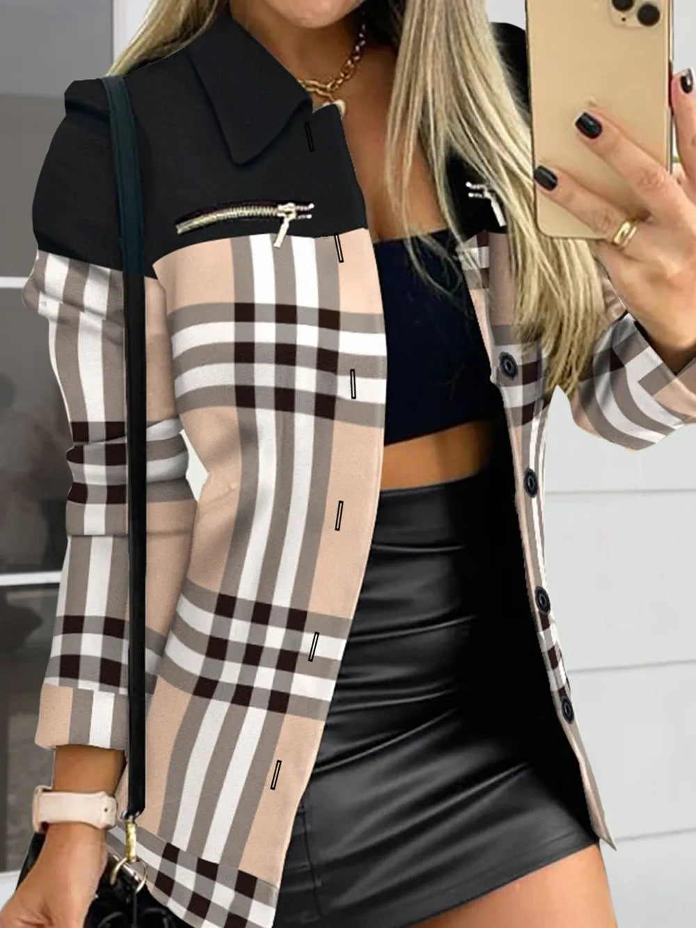 Fashorio Trench Coats Printed Button Up Zip Detail Shacket