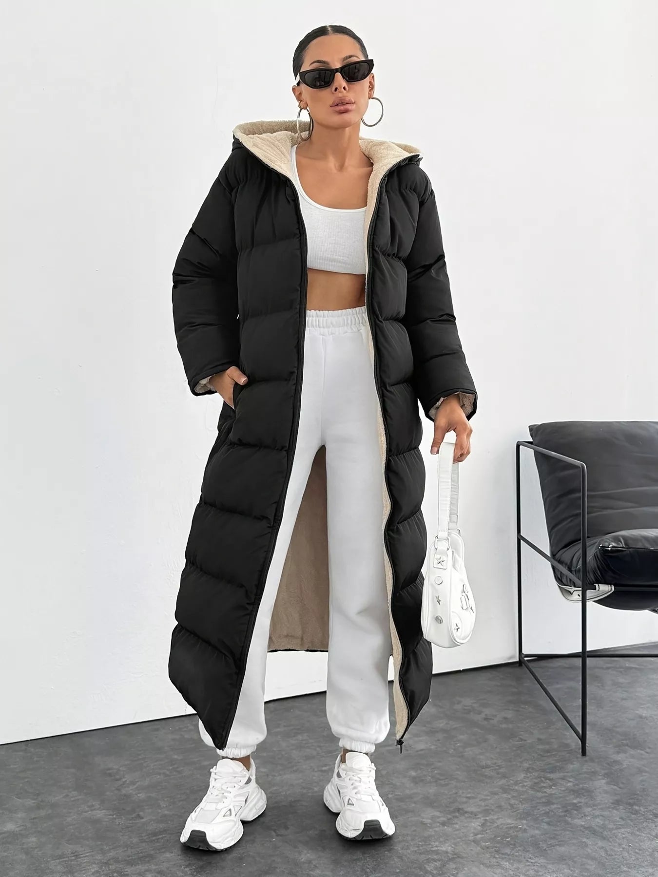 Fashorio Trench Coats Quilted Hooded Longline Puffer Coat