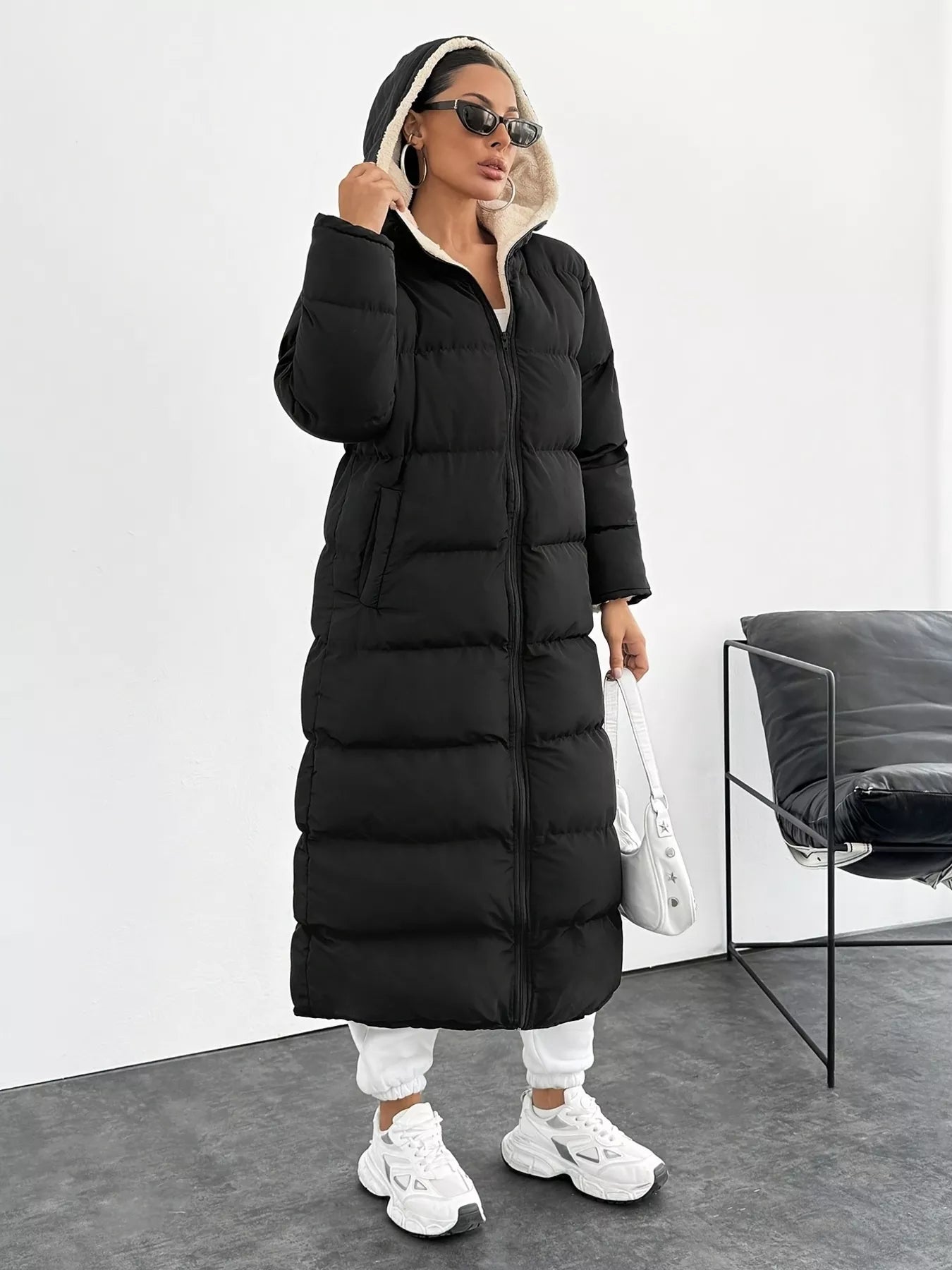 Fashorio Trench Coats Quilted Hooded Longline Puffer Coat