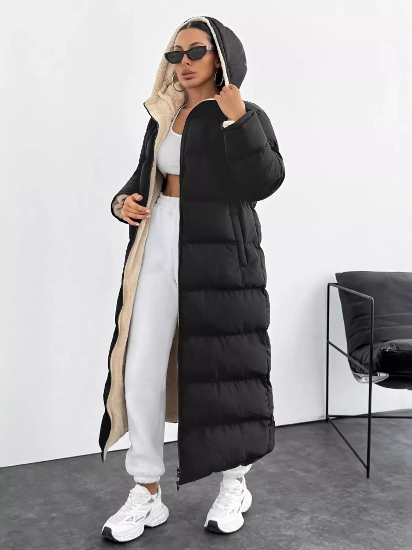Fashorio Trench Coats Quilted Hooded Longline Puffer Coat