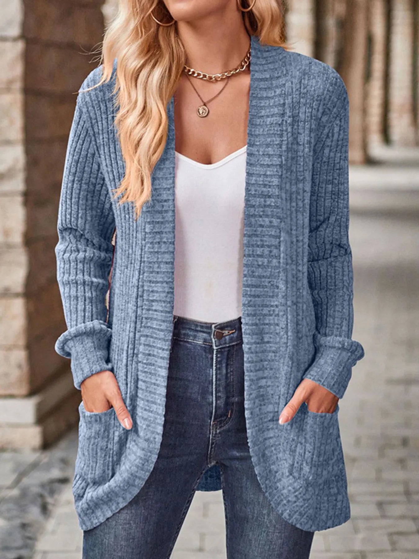 Fashorio Trench Coats Ribbed Knit Open Front Cardigan with Pockets