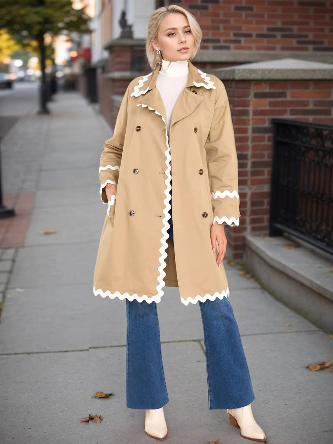 Fashorio Trench Coats Scalloped Trim Long Sleeve Trench Coat