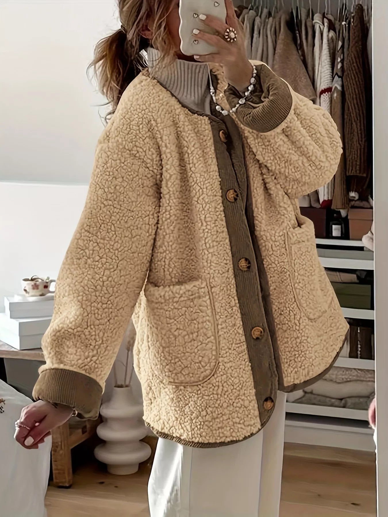 Fashorio Trench Coats Sherpa Button-Up Outerwear