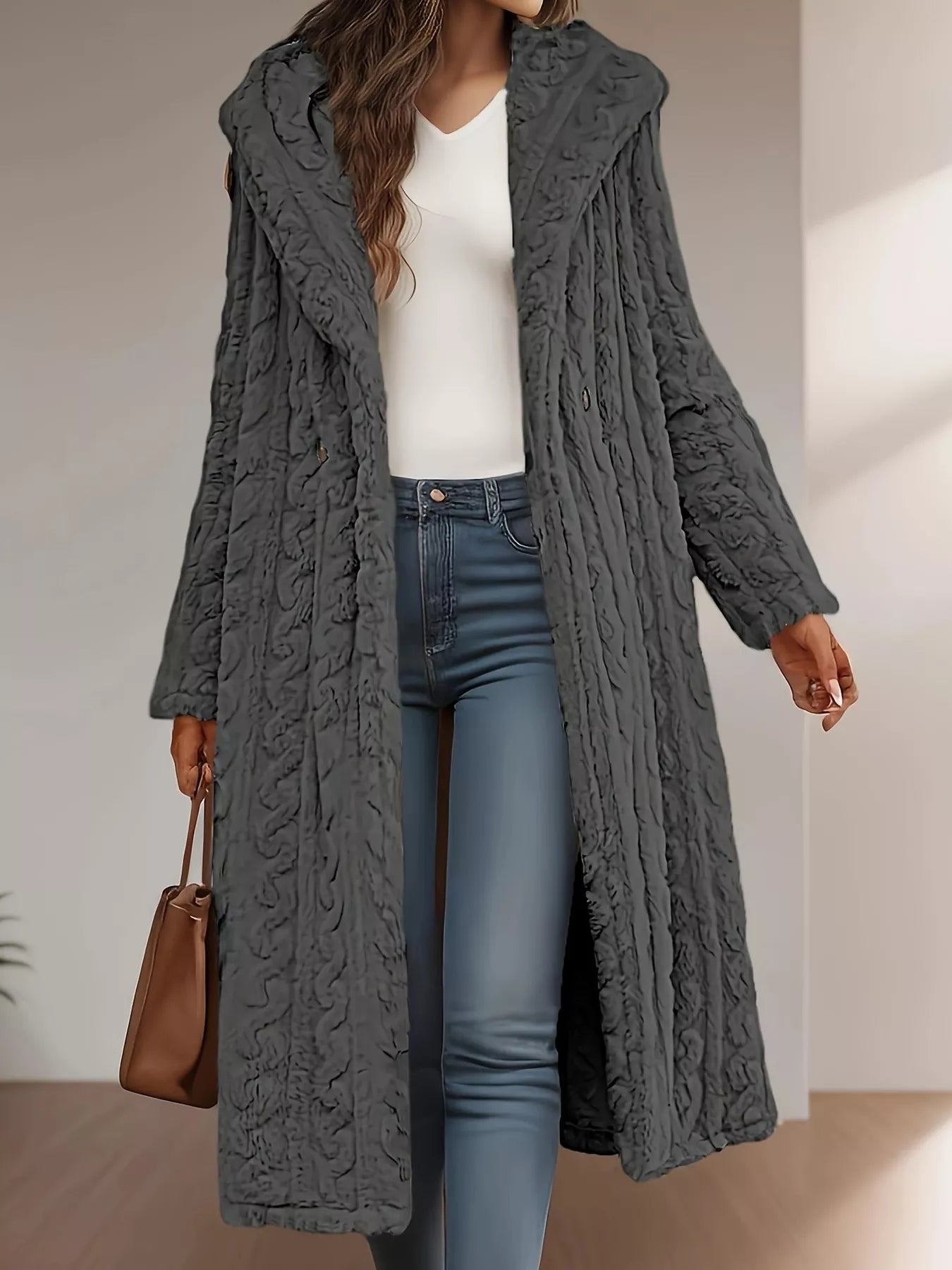 Fashorio Trench Coats Sherpa Longline Hooded Coat