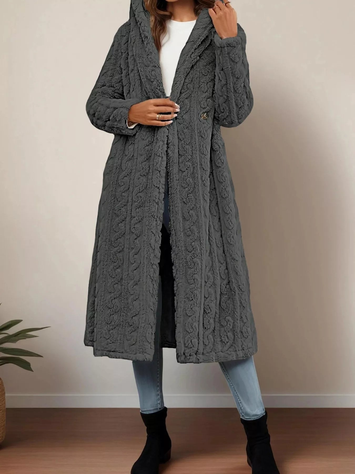 Fashorio Trench Coats Sherpa Longline Hooded Coat