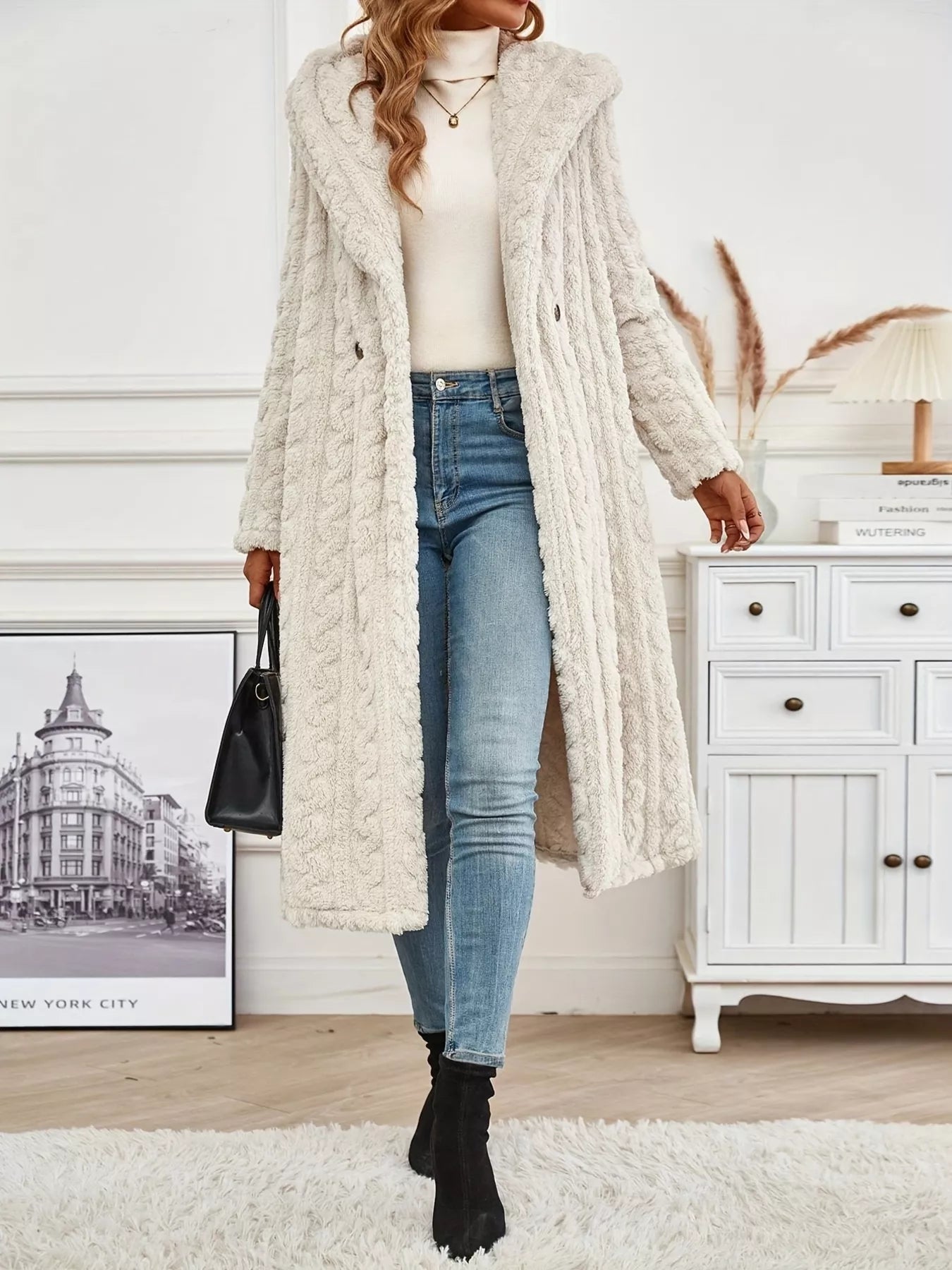 Fashorio Trench Coats Sherpa Longline Hooded Coat