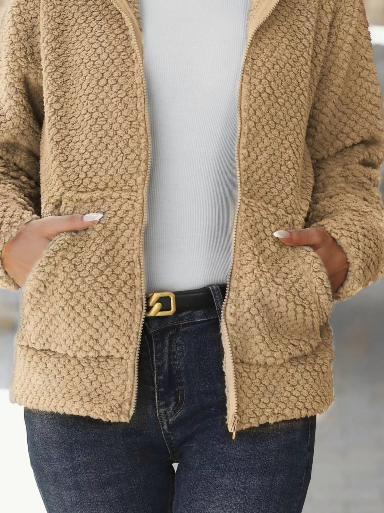 Fashorio Trench Coats Textured Knit Zip-Up Hooded Outerwear