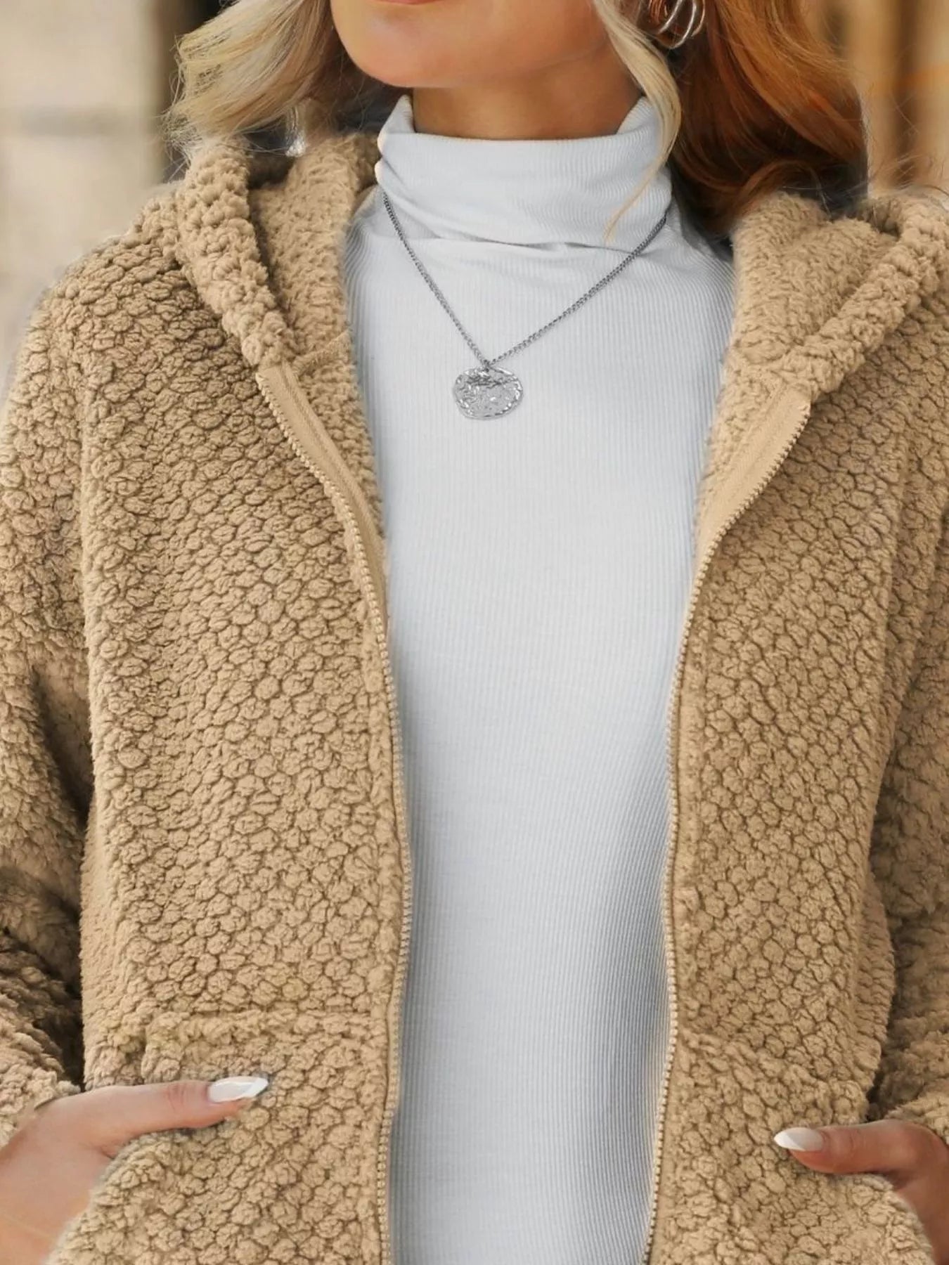 Fashorio Trench Coats Textured Knit Zip-Up Hooded Outerwear