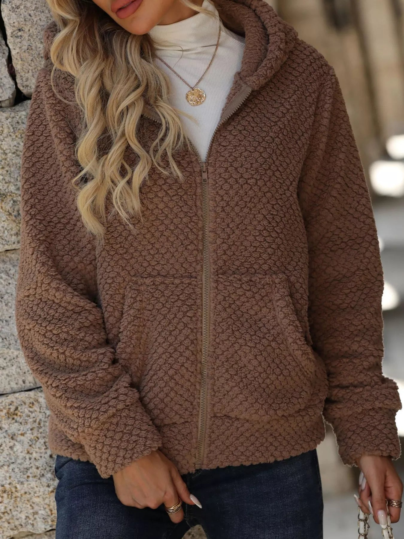 Fashorio Trench Coats Textured Knit Zip-Up Hooded Outerwear