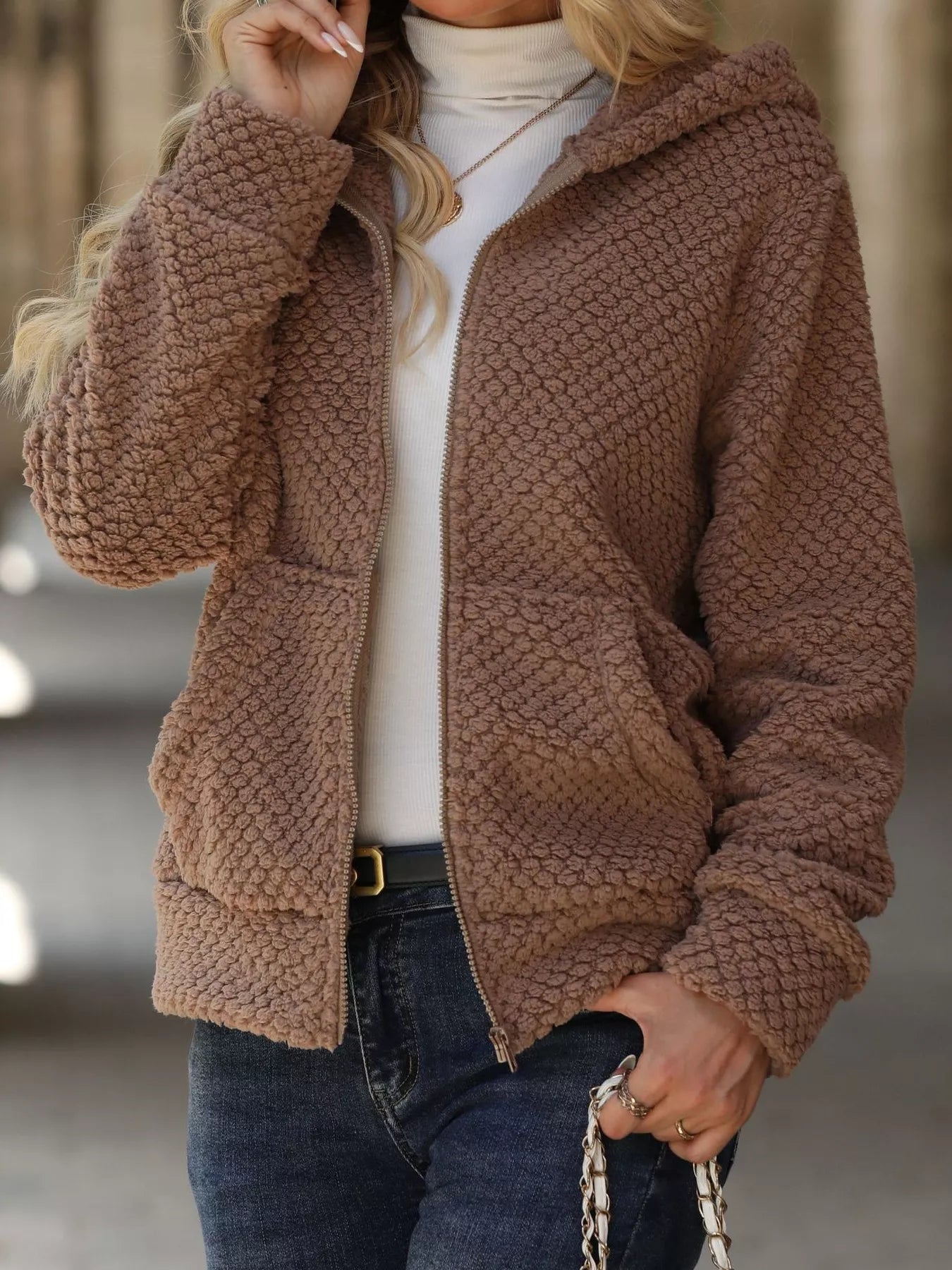 Fashorio Trench Coats Textured Knit Zip-Up Hooded Outerwear